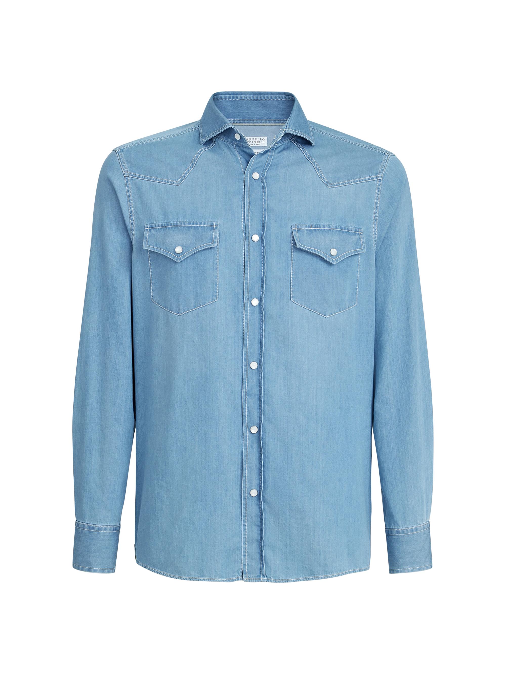 Brunello Cucinelli Men's Lightweight Denim Easy Fit Western Shirt - Light Blue Denim
