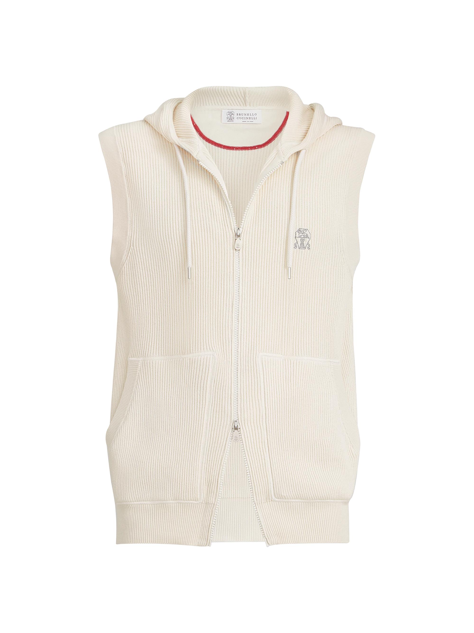Brunello Cucinelli Men's Cotton English Rib Knit Hooded Vest with Logo and Zipper - White