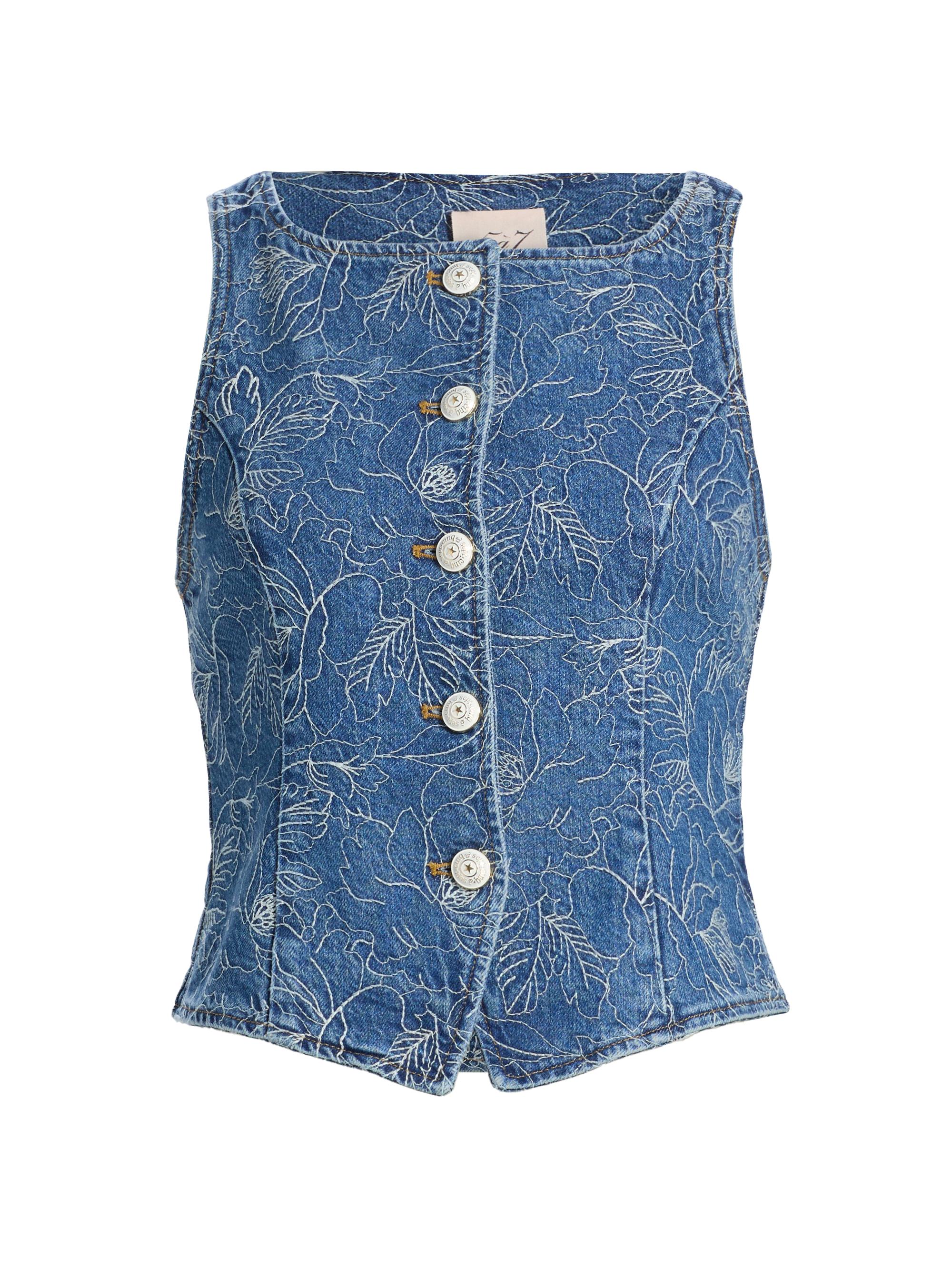 Cinq à Sept Women's Camen Garden Doodle Denim Vest - Salt Breeze White
