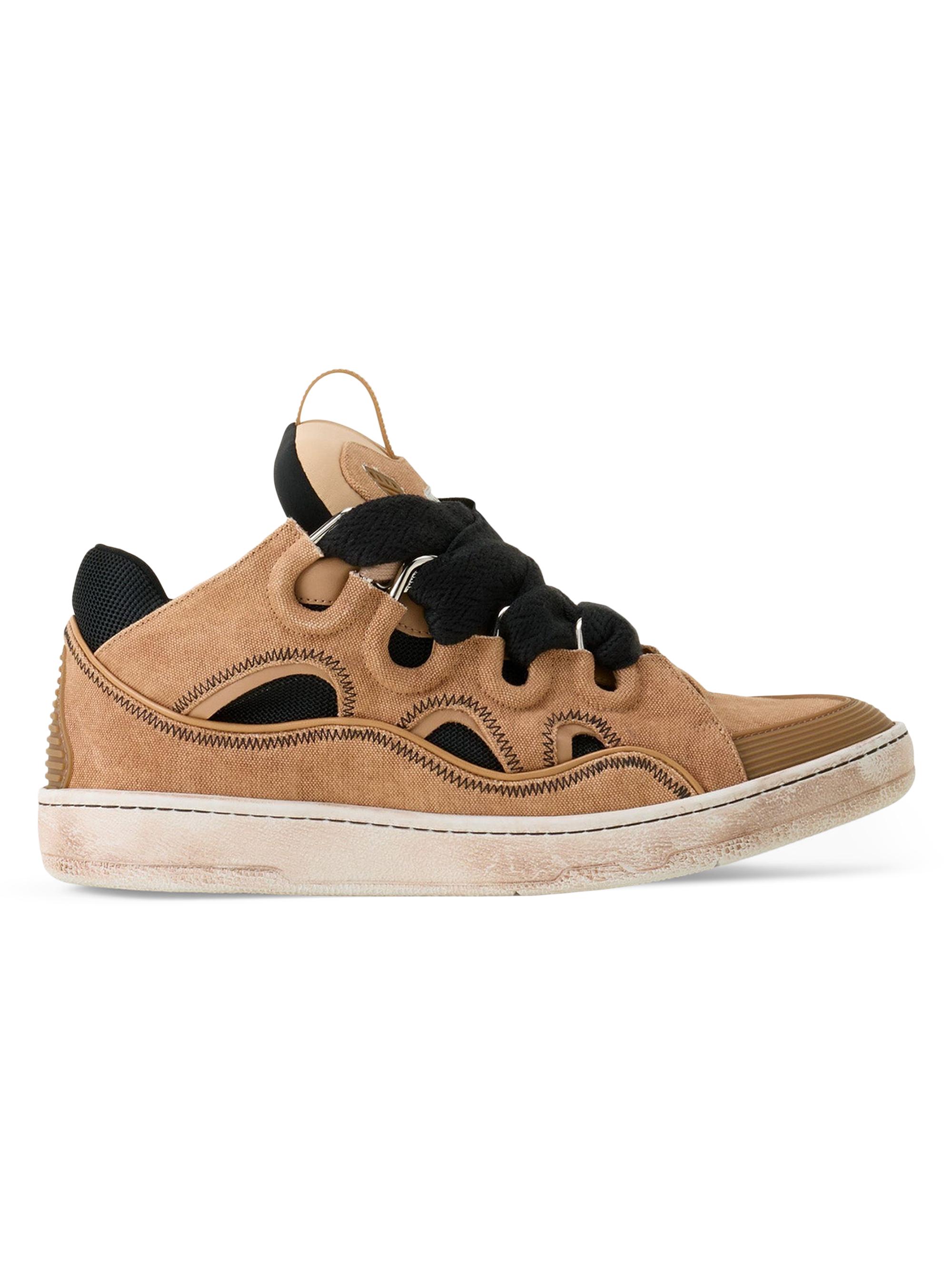 Lanvin Men's Curb Canvas Sneakers with Topstitching - Camel Amber