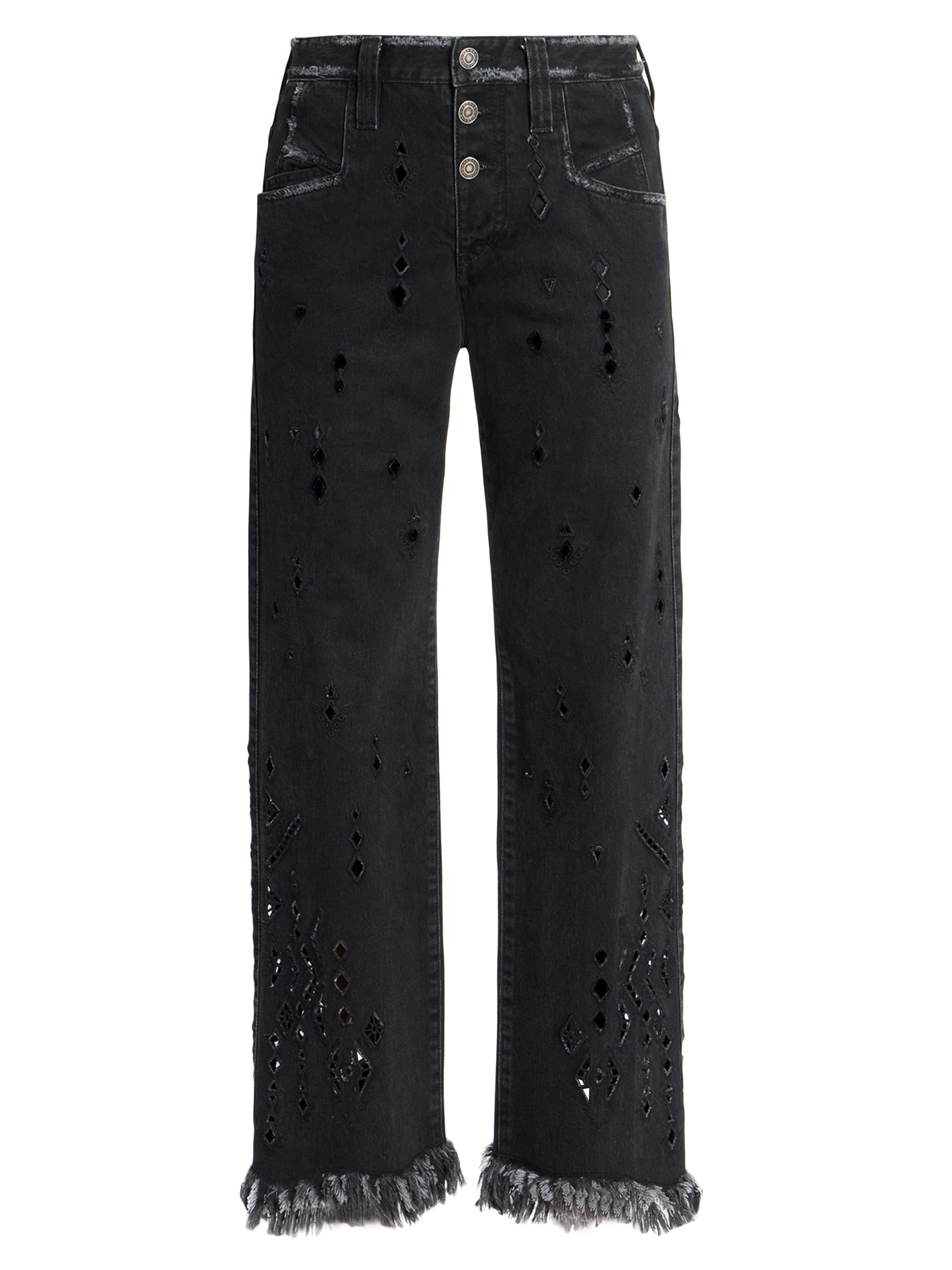 Isabel Marant Women's Amia Eyelet Fringe-Cuff Straight-Leg Jeans - Black