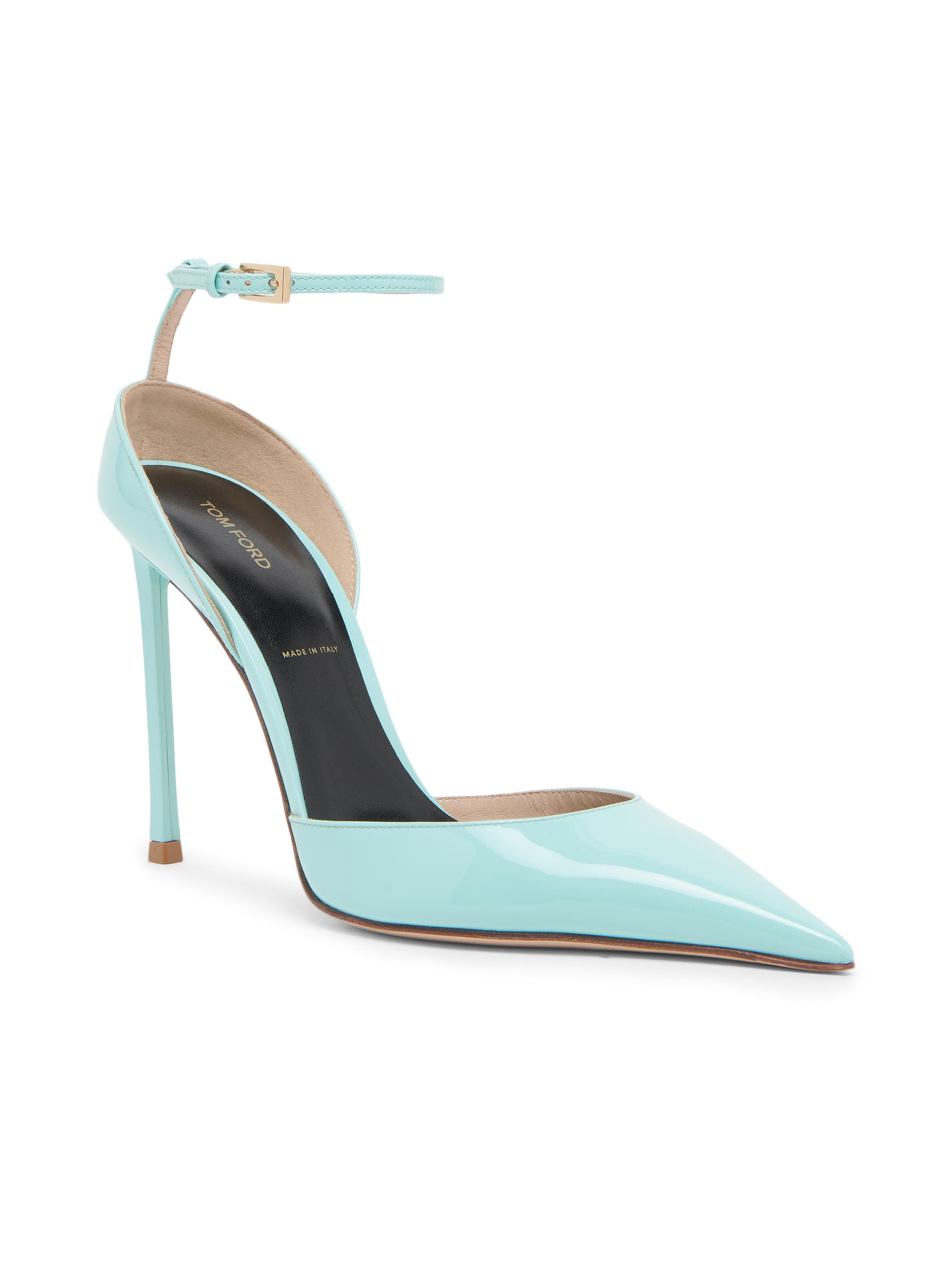 TOM FORD Women's 105MM Patent Leather Pumps - Aqua - back view in Aqua