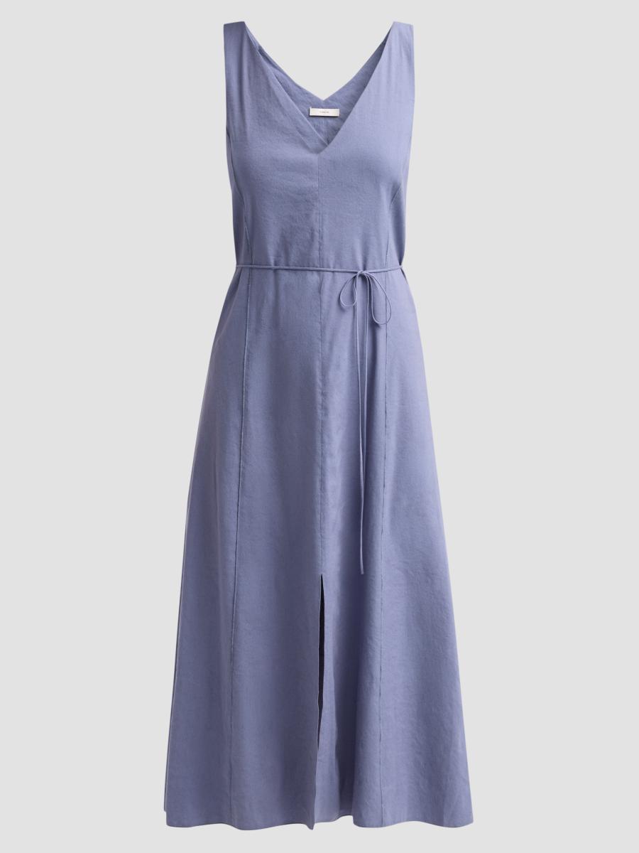 Vince Women's V-neck Linen-blend Sleeveless Midi-dress In Blue