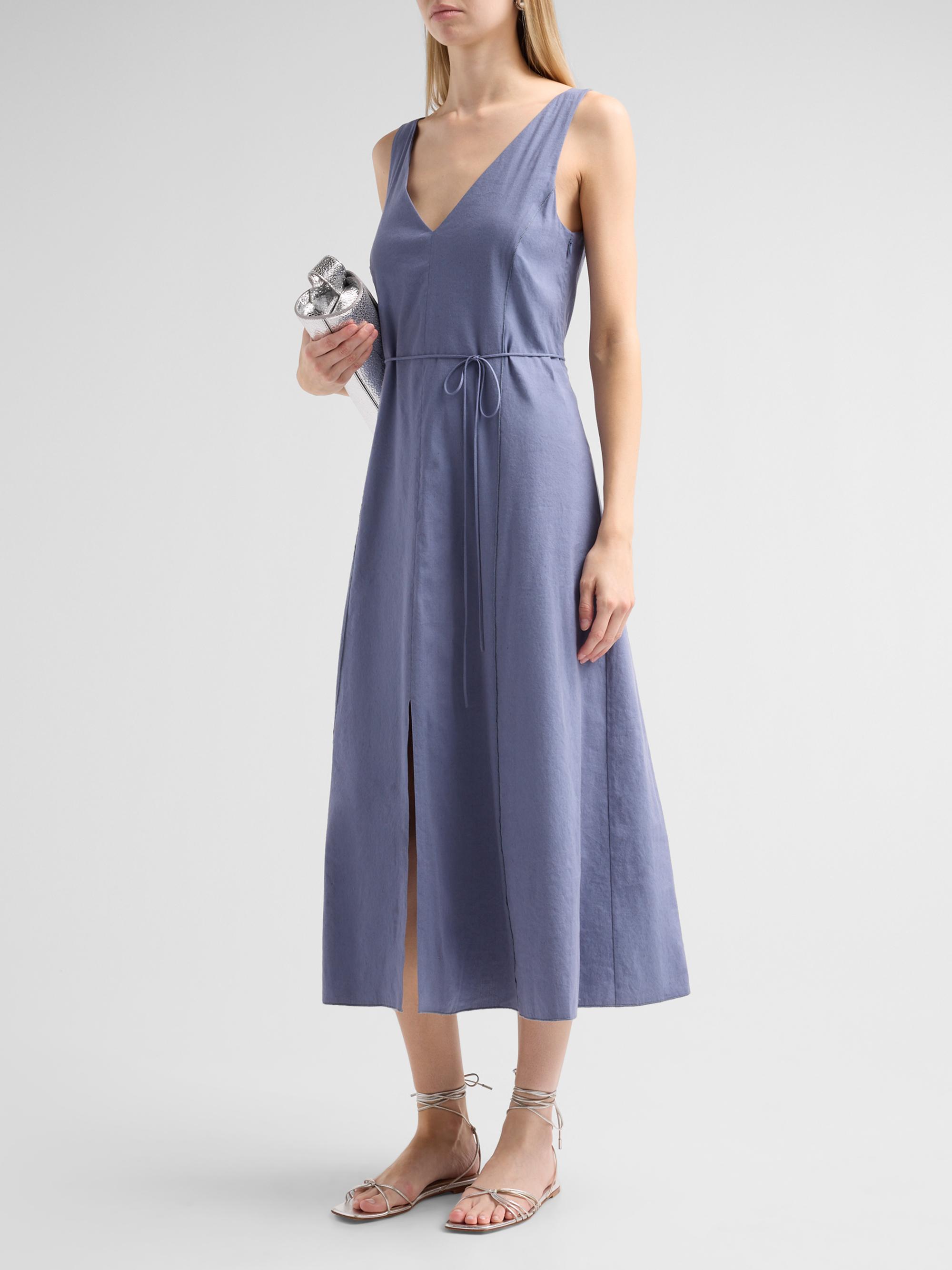 Vince Women's V-Neck Linen-Blend Sleeveless Midi-Dress - Azul | Thumbnail 4