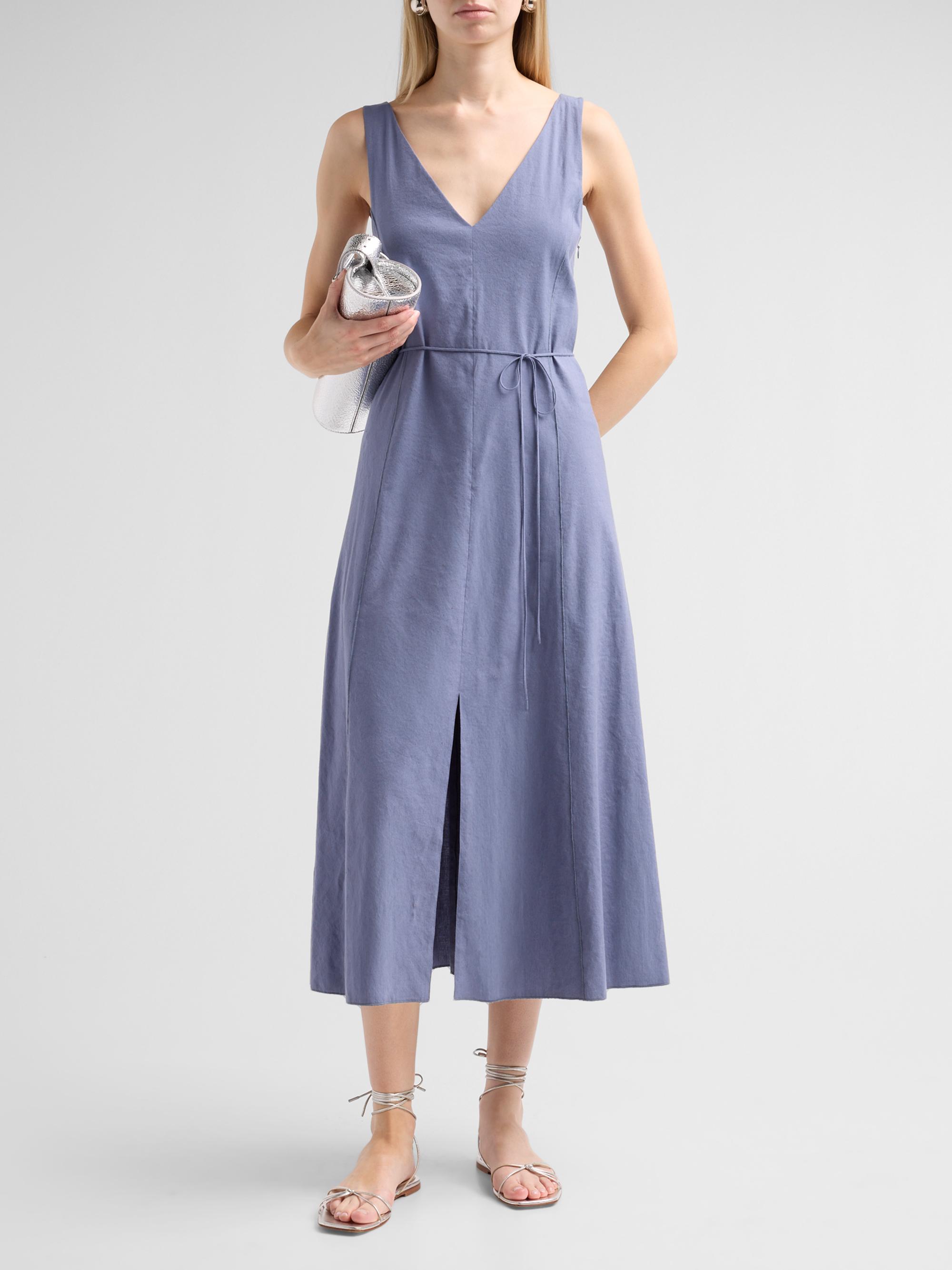 Vince Women's V-Neck Linen-Blend Sleeveless Midi-Dress - Azul | Thumbnail 2
