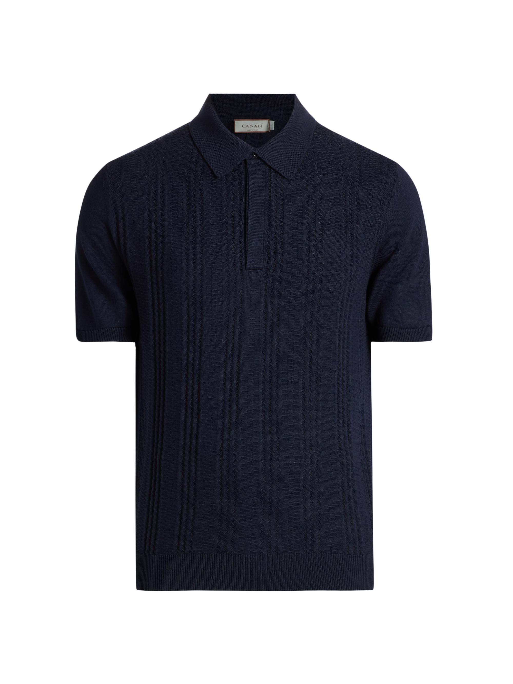 Canali Men's Vertical-Stitch Cotton-Blend Polo Shirt - Navy