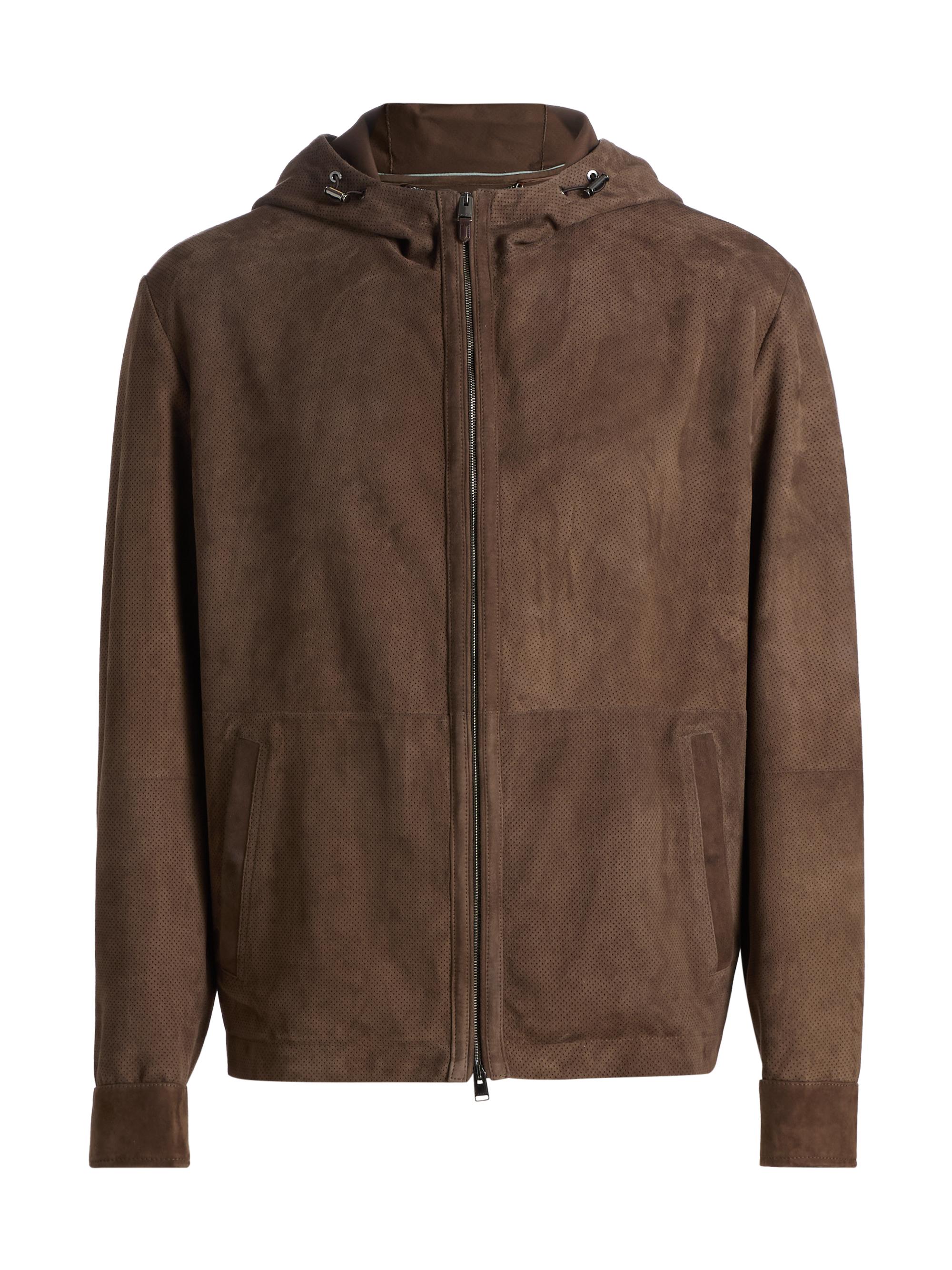 Canali Men's Perferated Suede Hooded Jacket - Brown