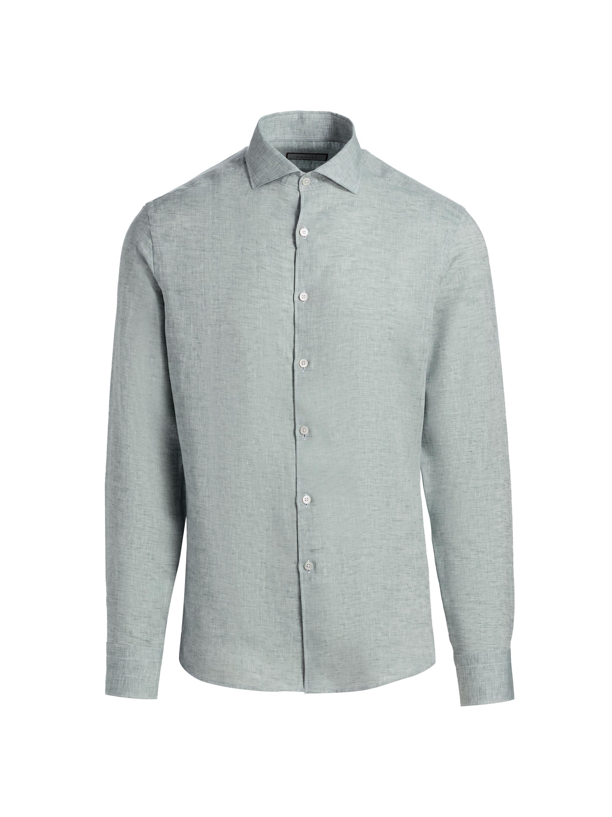Canali Men's Solid Linen Sport Shirt - Teal - Men's Clothing