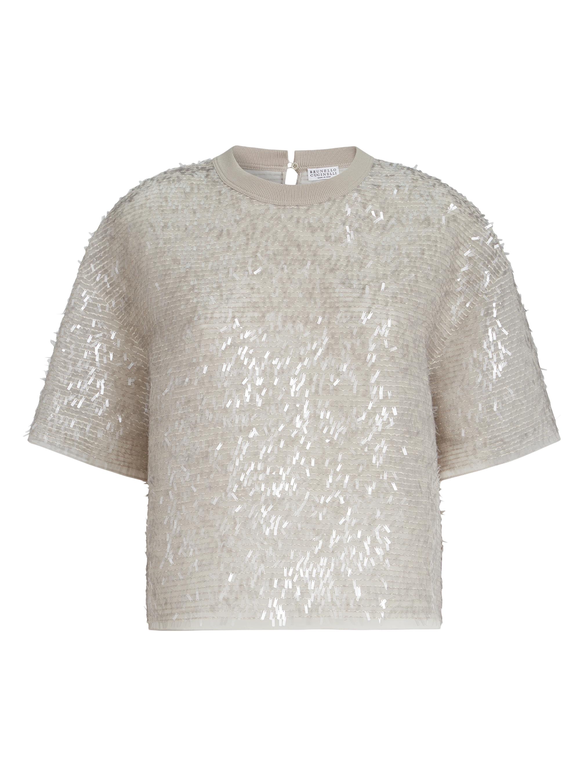 Brunello Cucinelli Women's Dazzling Cascade Embroidery T-Shirt in Crispy Silk - Silver