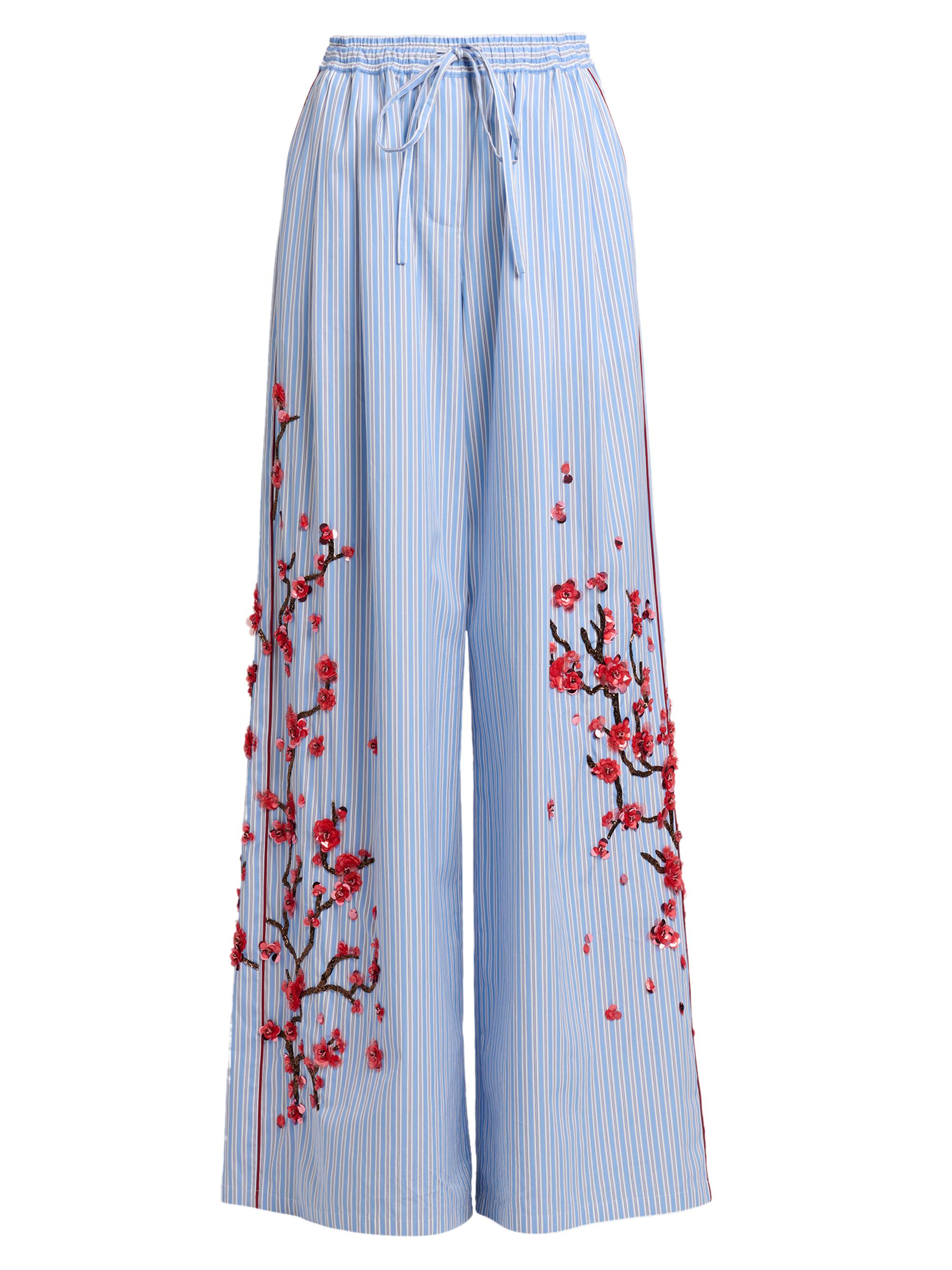 Dolce & Gabbana Women's Floral-Embellished Striped Cotton-Silk Drawstring Pants - Ricamati