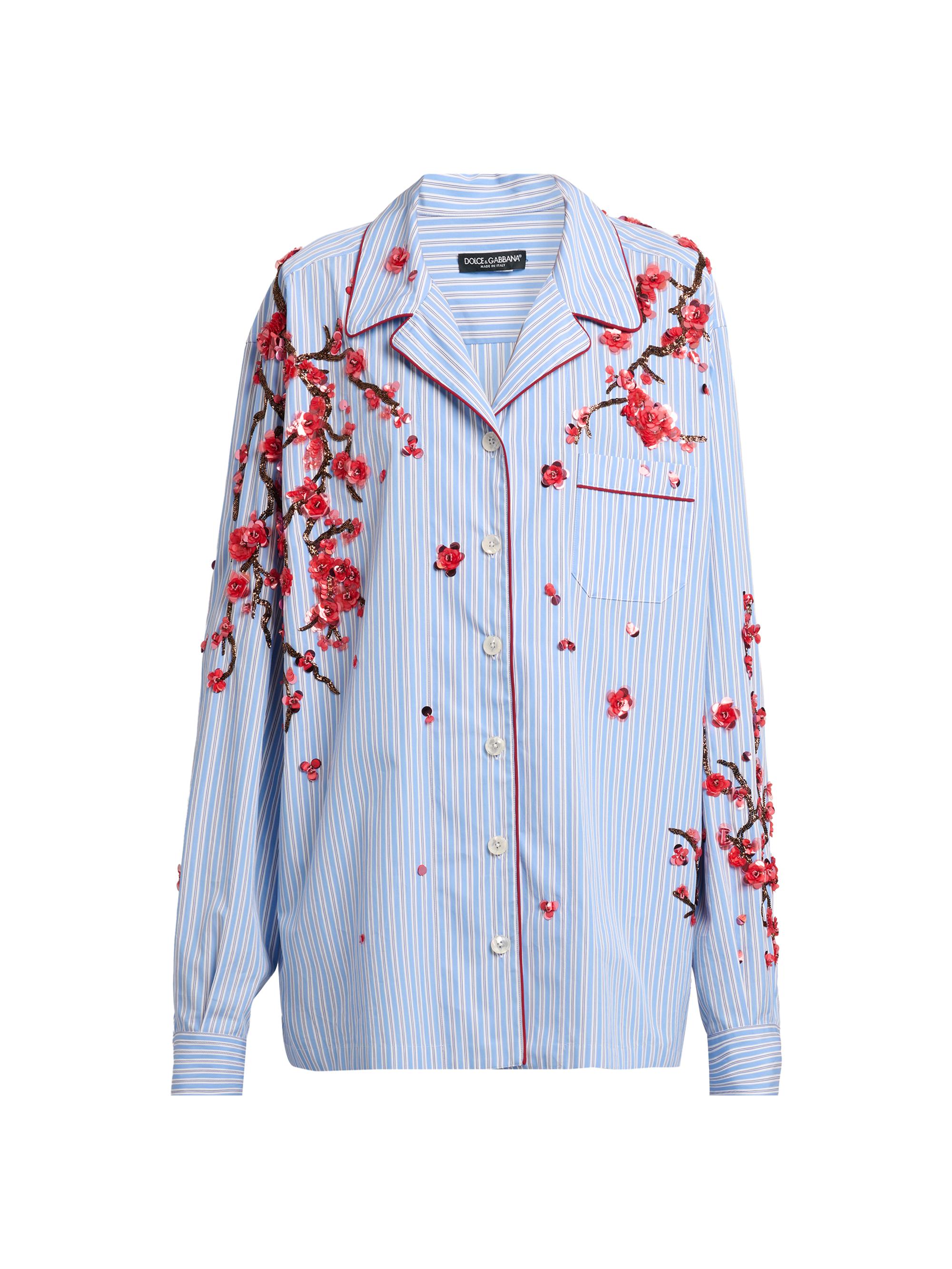 Dolce & Gabbana Women's Oversized Floral-Embellished Striped Cotton-Silk Shirt - Ricamati