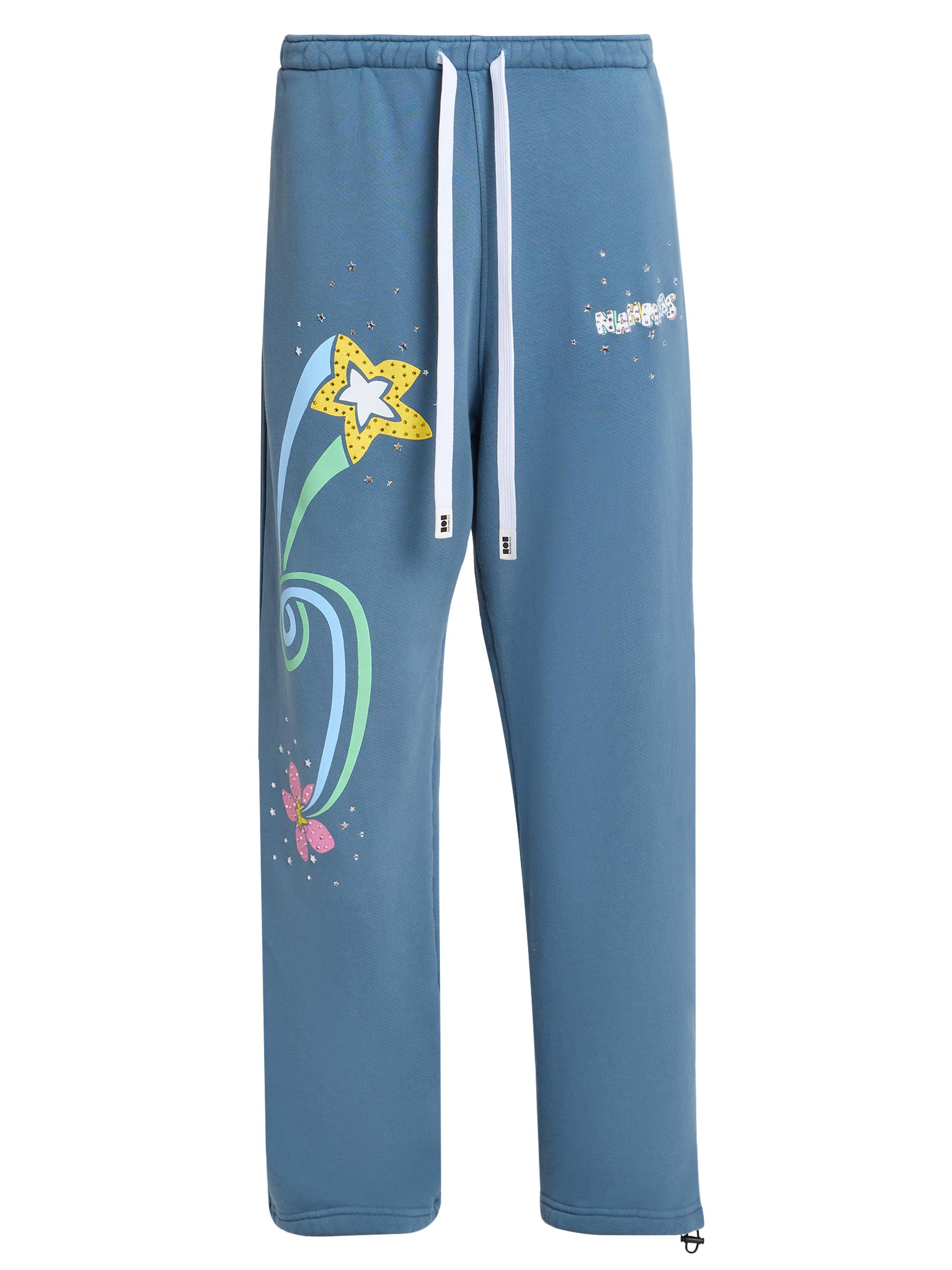Nahmias Men's Daydreaming Flower Trip Wide-Leg Sweatpants - Steel Blue