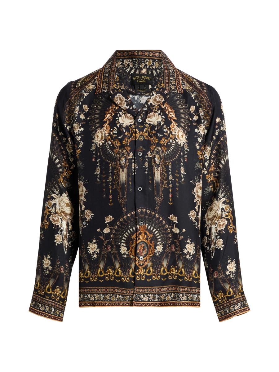 Camilla Men's Silk Long-sleeve Camp Shirt In Black