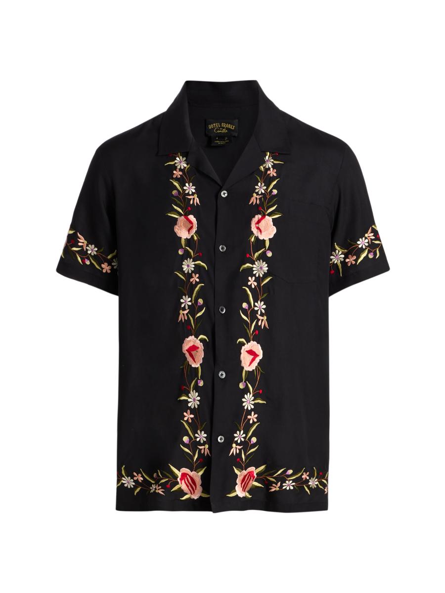 Camilla Men's Embroidered Short-sleeve Camp Collar Shirt In Black