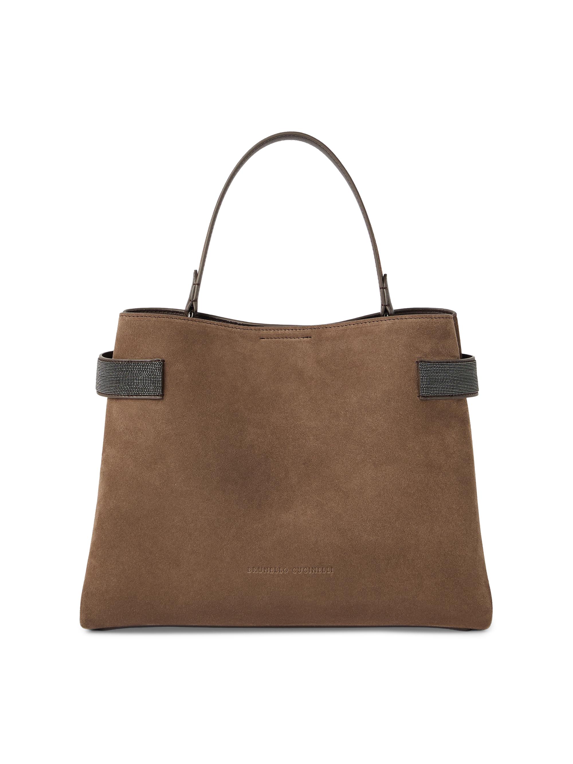Brunello Cucinelli Women's Essence Top Handle Bag in Suede with Precious Bands - Bark
