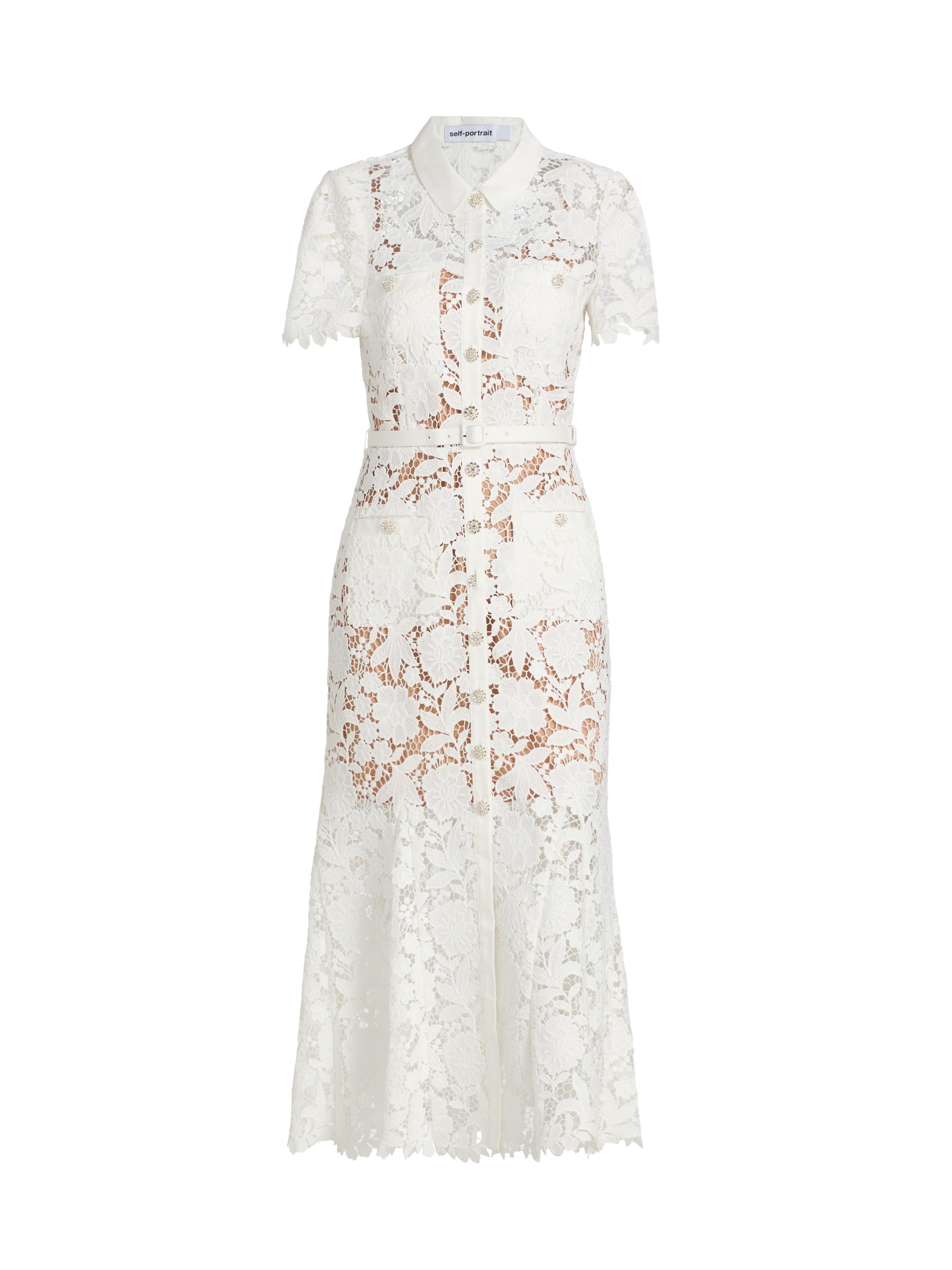 Self-Portrait Women's Tie-Waist Lace A-Line Midi-Shirtdress - White