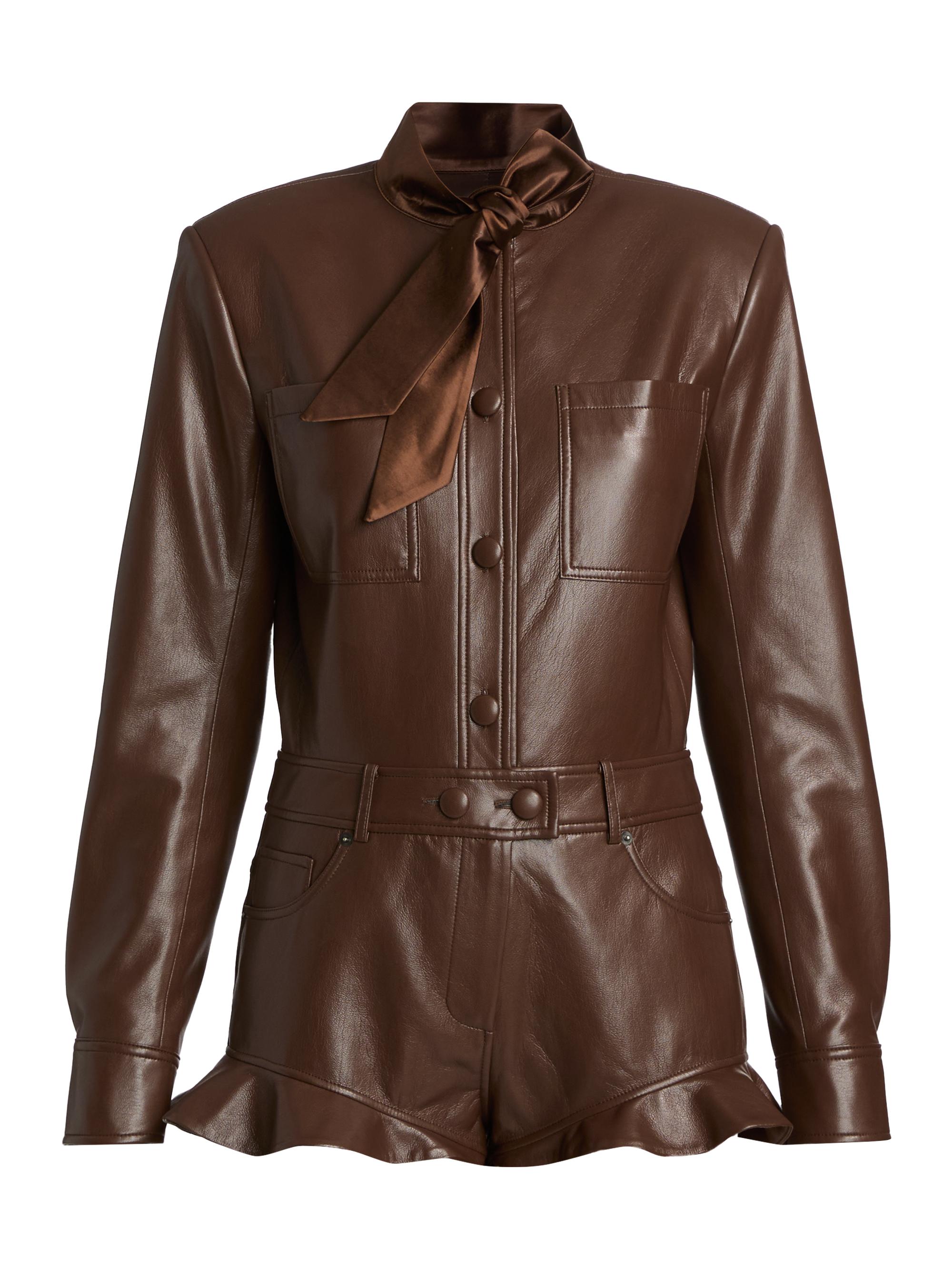 Self-Portrait Women's Faux Leather Ruffle Playsuit - Brown