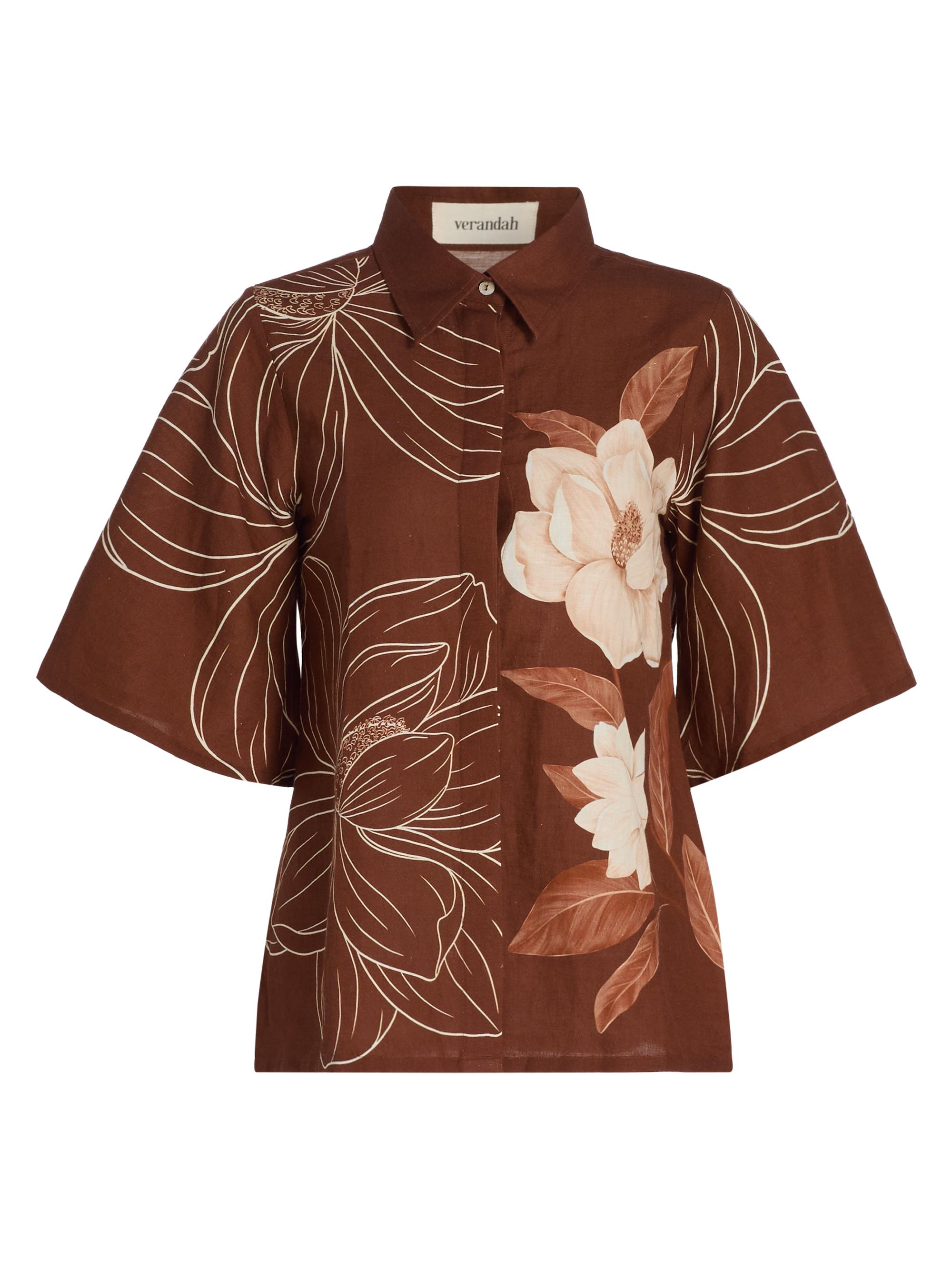 Verandah Women's Ammama Floral Linen-Cotton Bell-Sleeve Shirt - Brown Linear Magnolia Panel