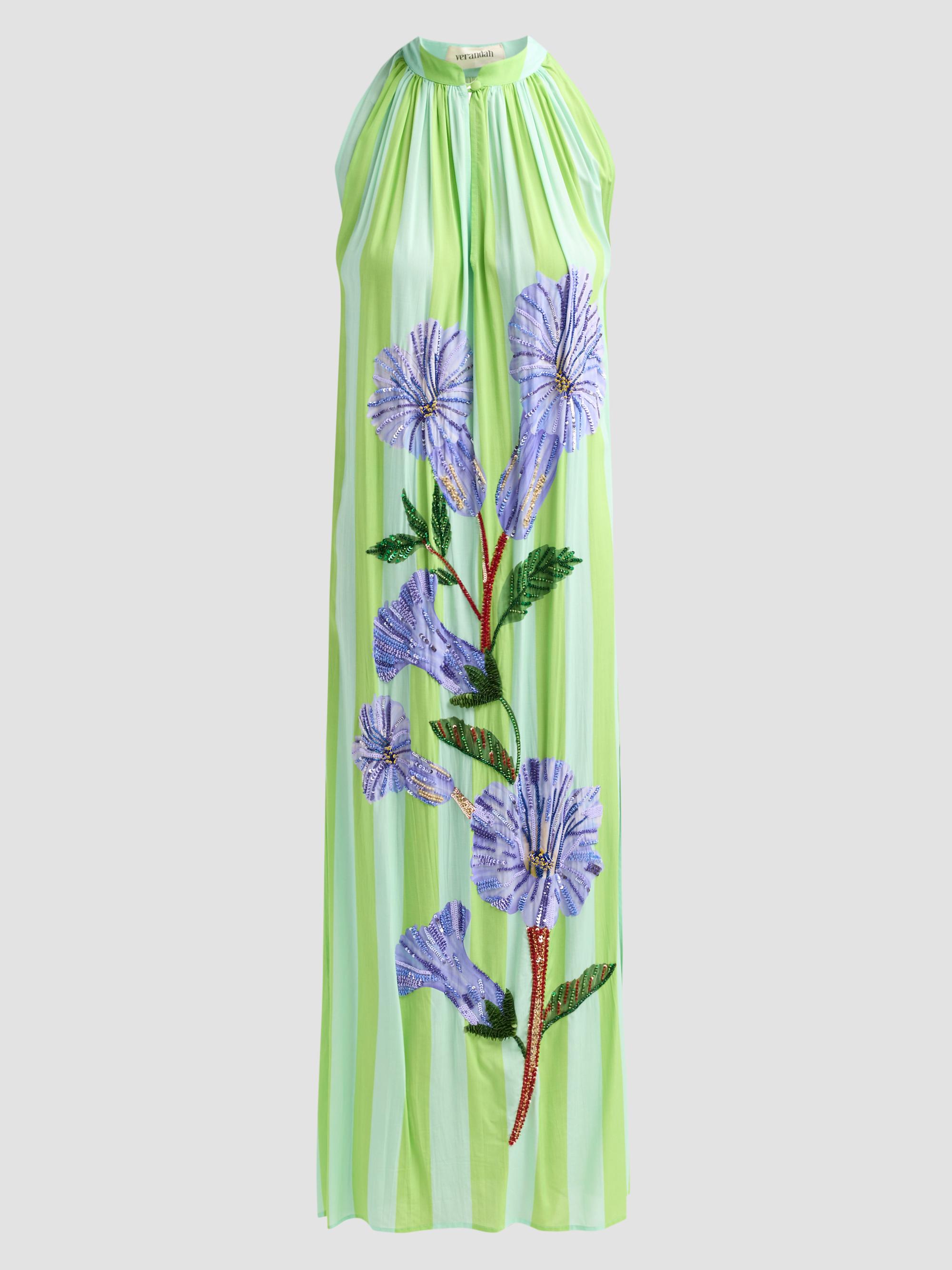 Verandah Women's Ammama Hand-Beaded Floral Maxi Dress - Aqua Neelgiri And Stripes | Thumbnail 6