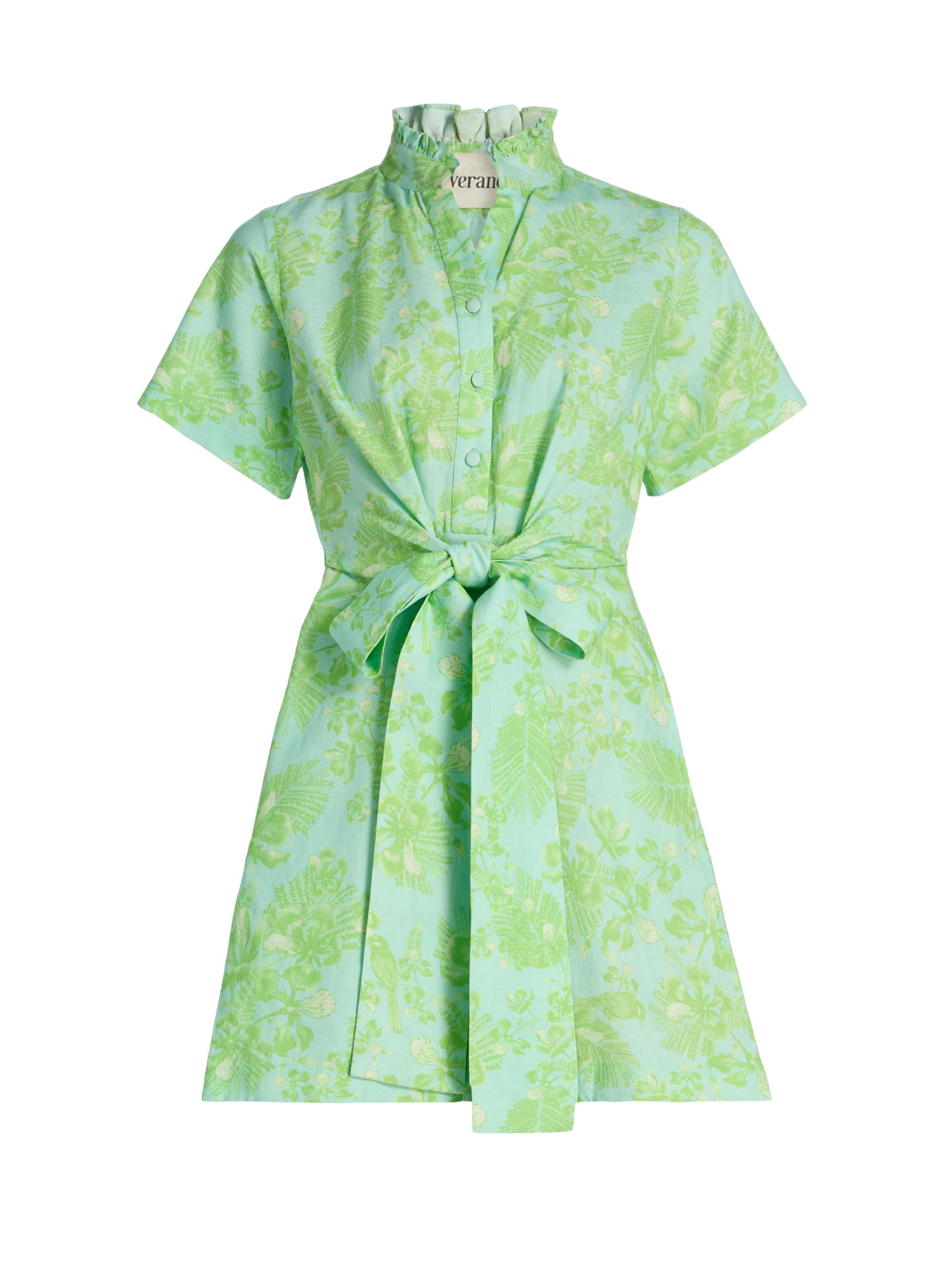 Verandah Women's Ammama Bawa Floral Cotton-Linen Minidress - Aqua And Sage Green Gulmohar