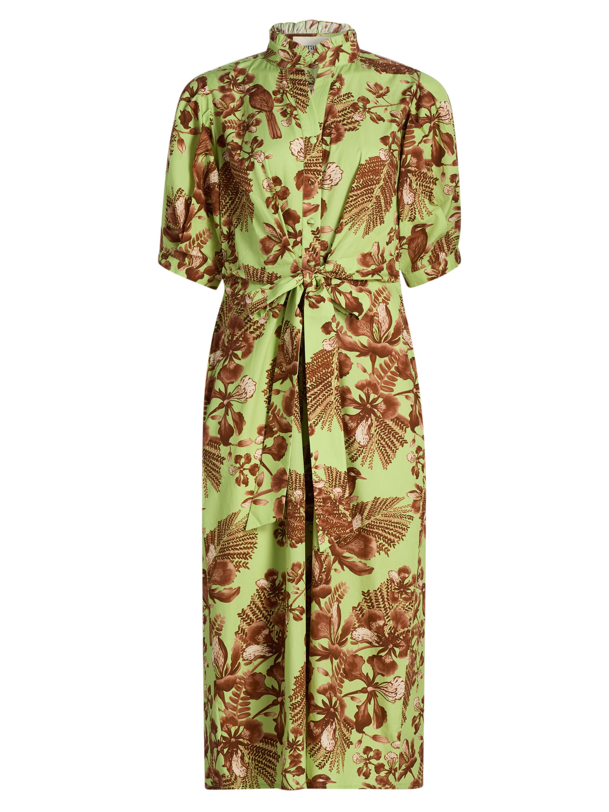 Verandah Women's Ammama Bird Print Cotton Shirtdress - Sage Green And Brown Gulmohar