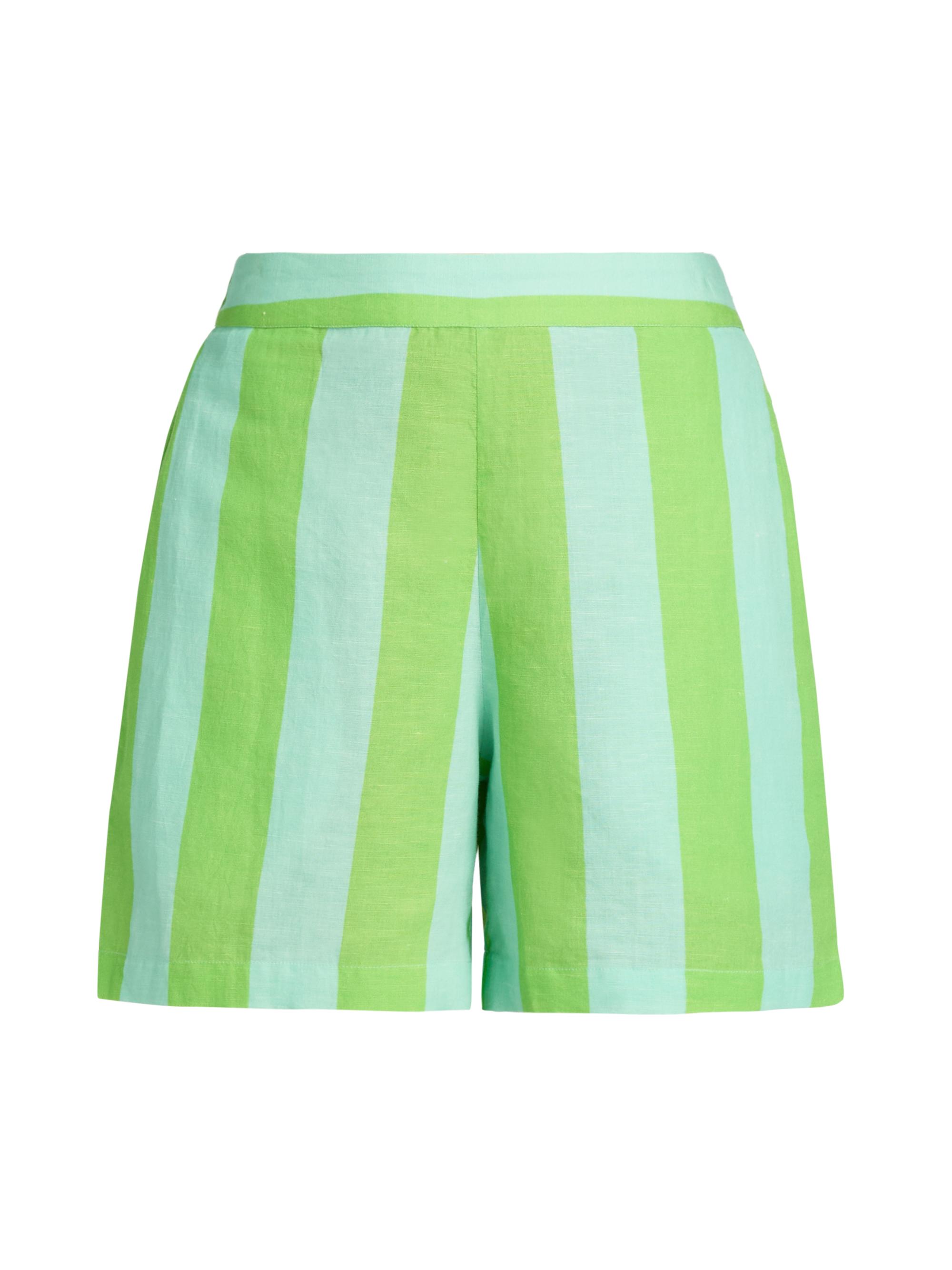 Verandah Women's Ammama Summer Linen-Cotton Shorts - Aqua And Green Stripes | Thumbnail 8