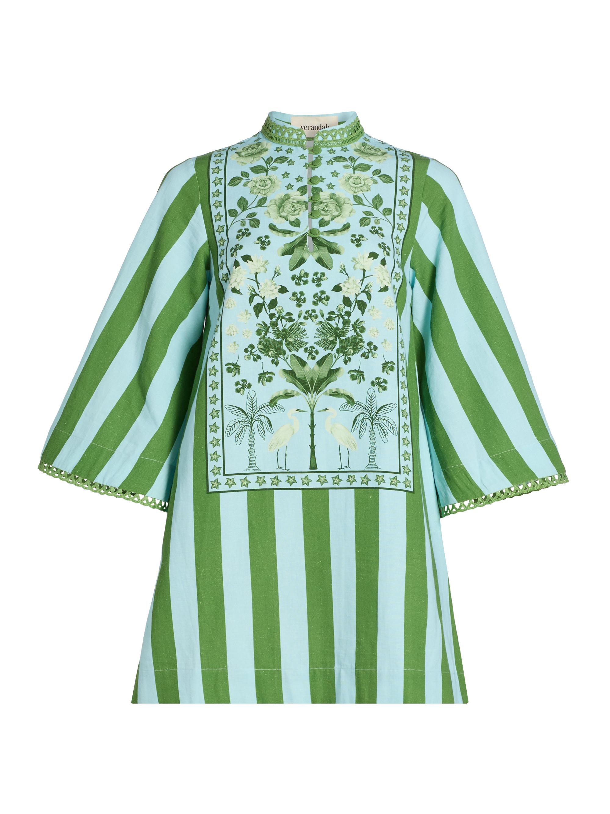 Verandah Women's Ammama Anj Striped Cotton-Blend Minidress - Ice Blue Leaf Green Floral