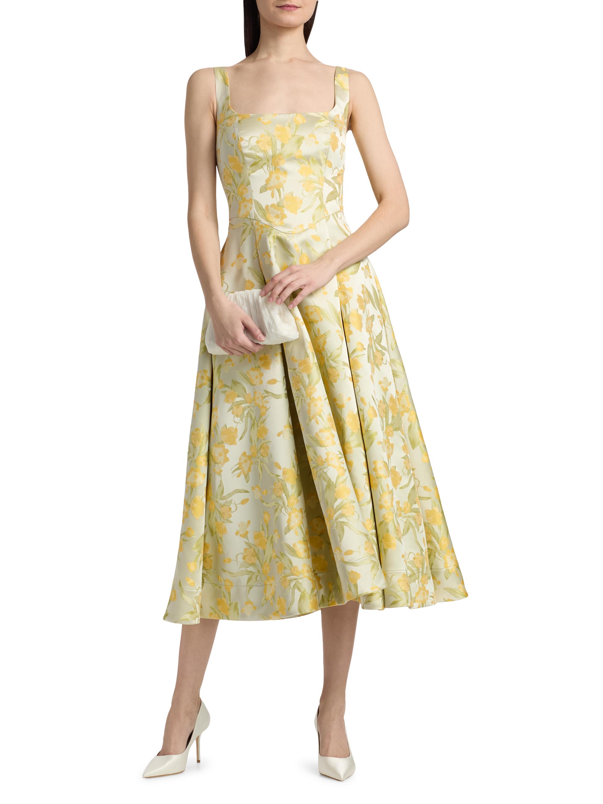 Theia Women's Julie Floral-Jacquard Midi-Dress - Butter Yellow Mint | Thumbnail 3