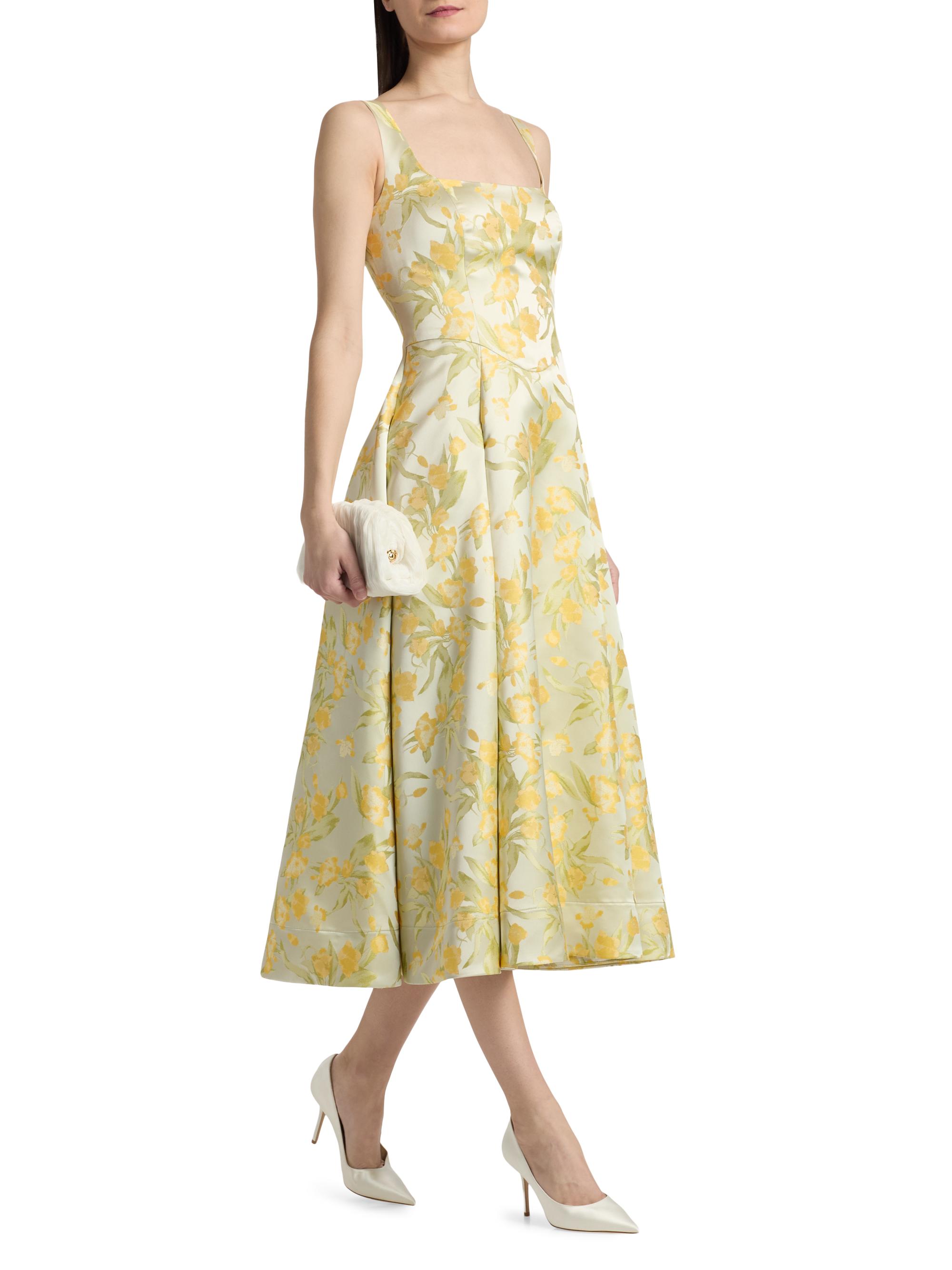 Theia Women's Julie Floral-Jacquard Midi-Dress - Butter Yellow Mint | Thumbnail 4