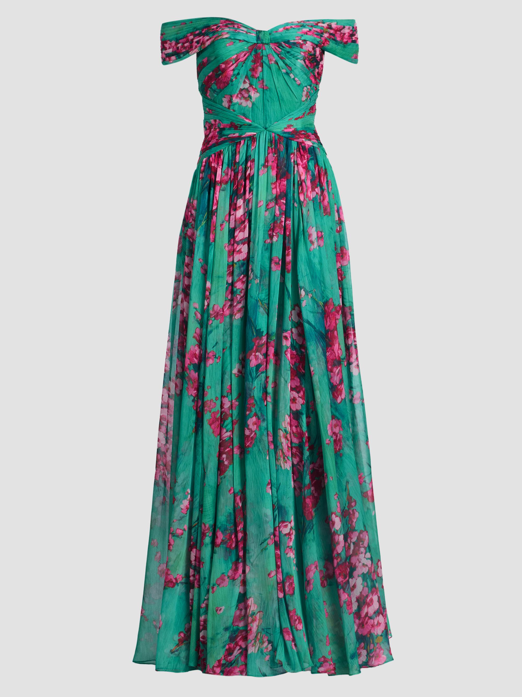 Theia Women's Sabina Floral Chiffon Off-The-Shoulder Gown - Seafoam Sakura Mist