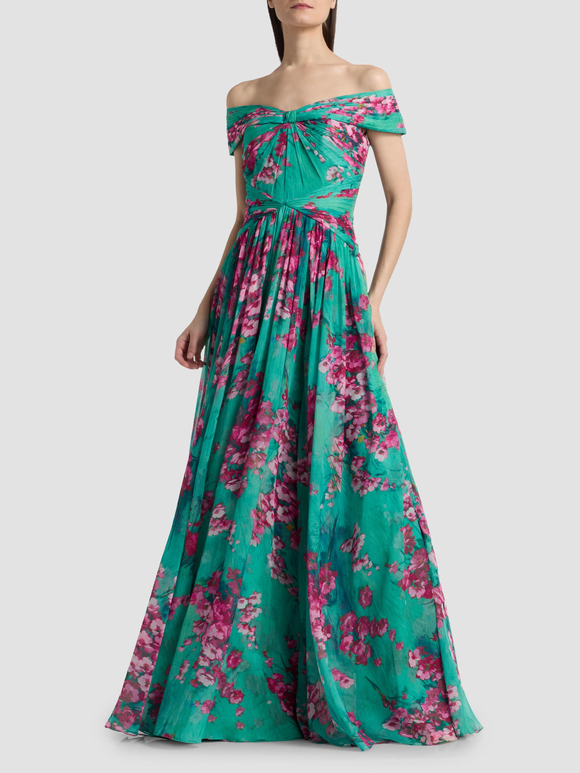 Theia Women's Sabina Floral Chiffon Off-The-Shoulder Gown - Seafoam Sakura Mist | Thumbnail 3
