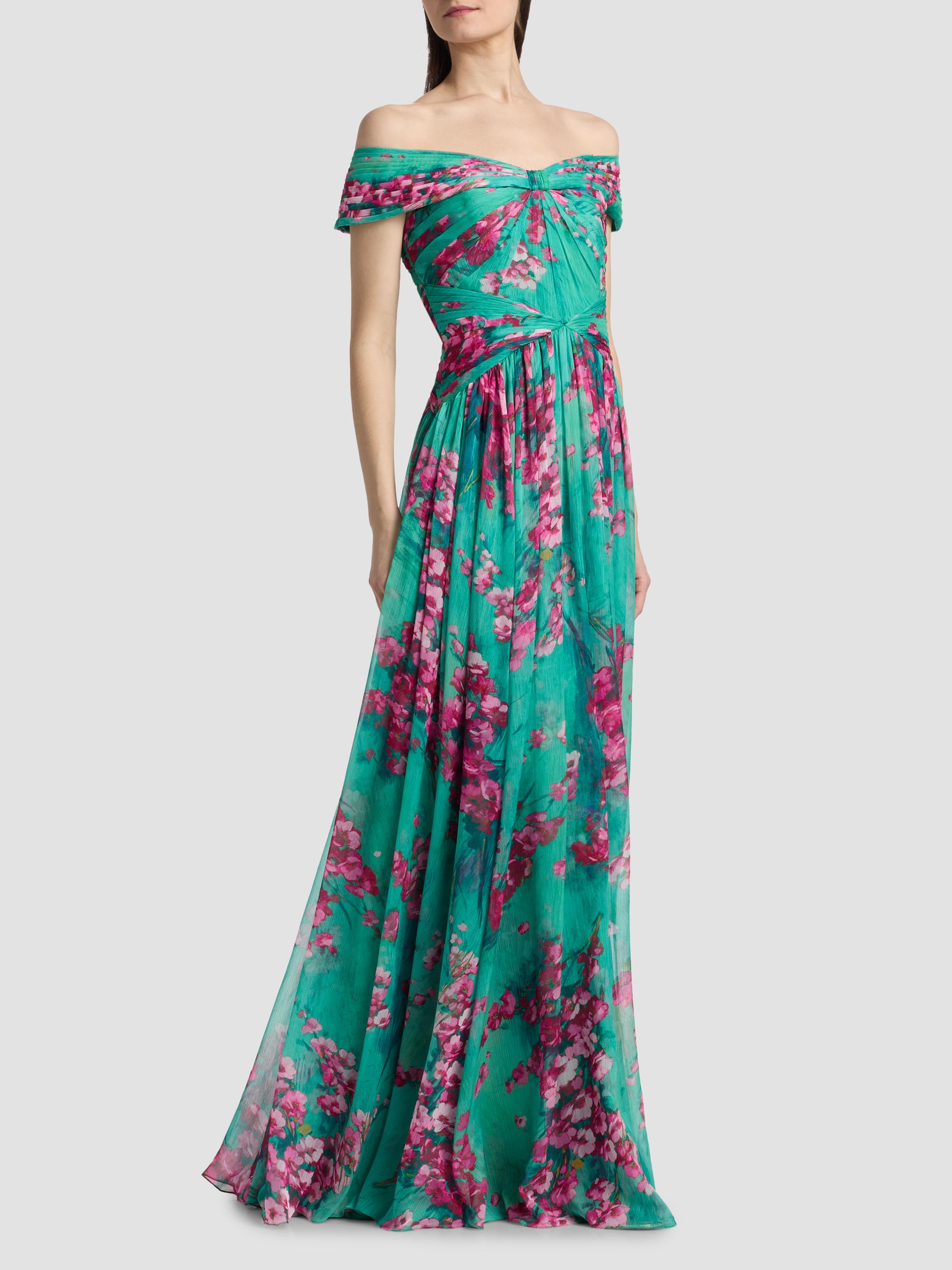 Theia Women's Sabina Floral Chiffon Off-The-Shoulder Gown - Seafoam Sakura Mist | Thumbnail 4