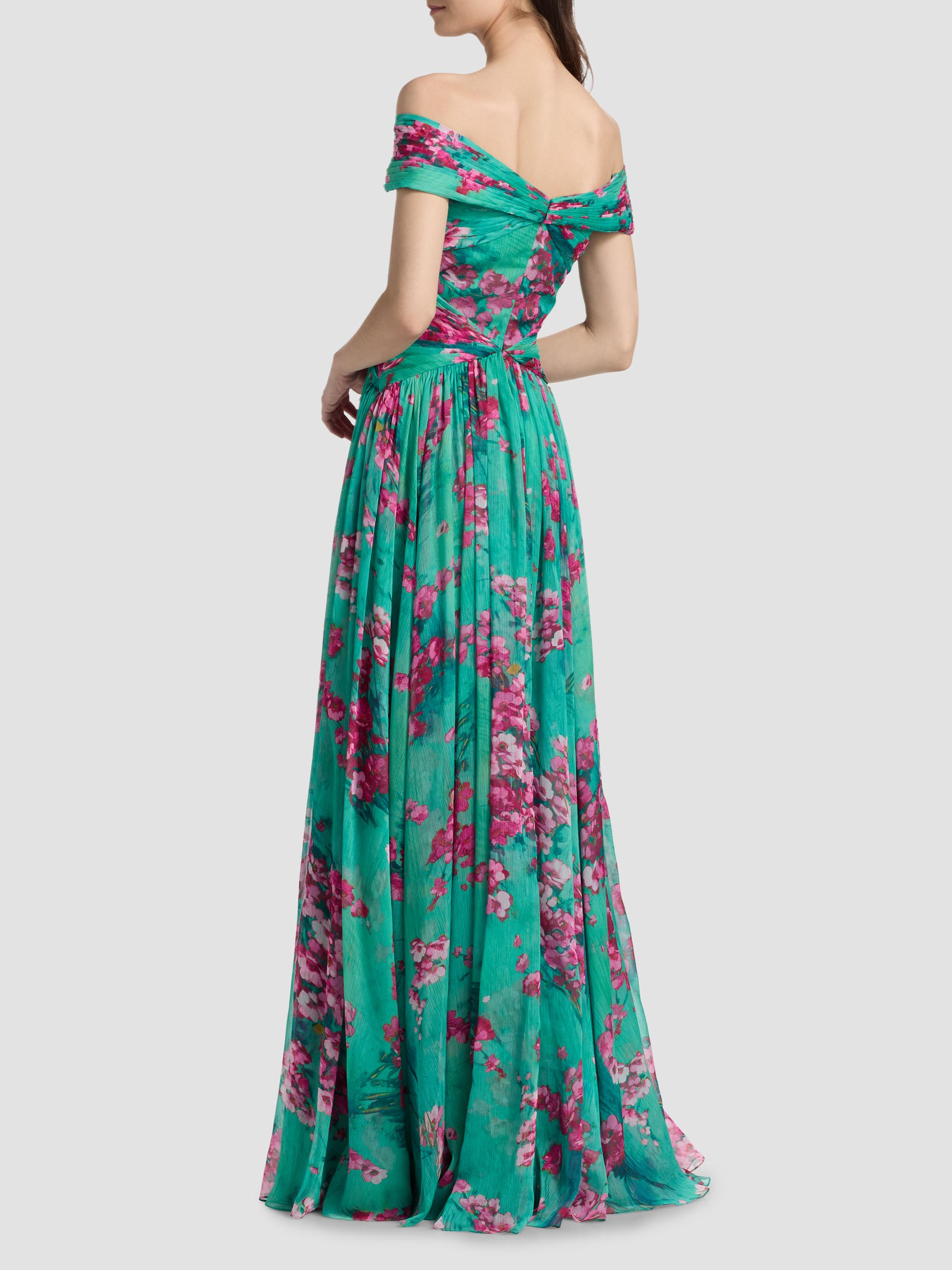 Theia Women's Sabina Floral Chiffon Off-The-Shoulder Gown - Seafoam Sakura Mist | Thumbnail 5