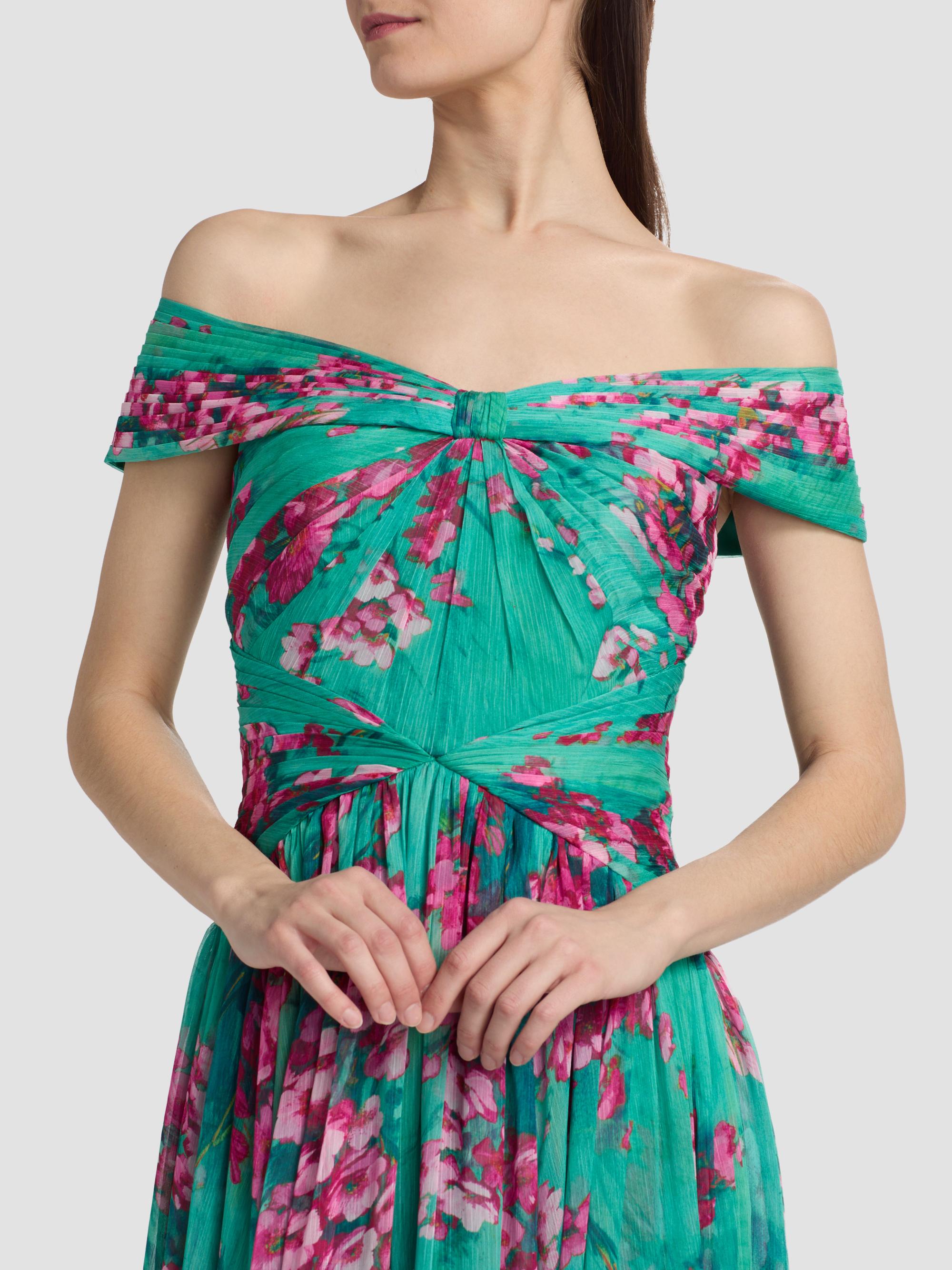 Theia Women's Sabina Floral Chiffon Off-The-Shoulder Gown - Seafoam Sakura Mist | Thumbnail 6