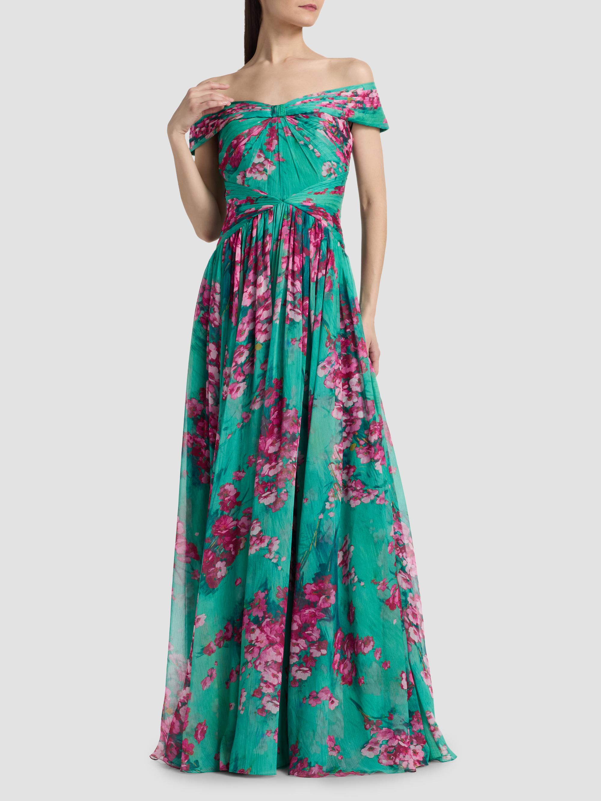 Theia Women's Sabina Floral Chiffon Off-The-Shoulder Gown - Seafoam Sakura Mist | Thumbnail 2
