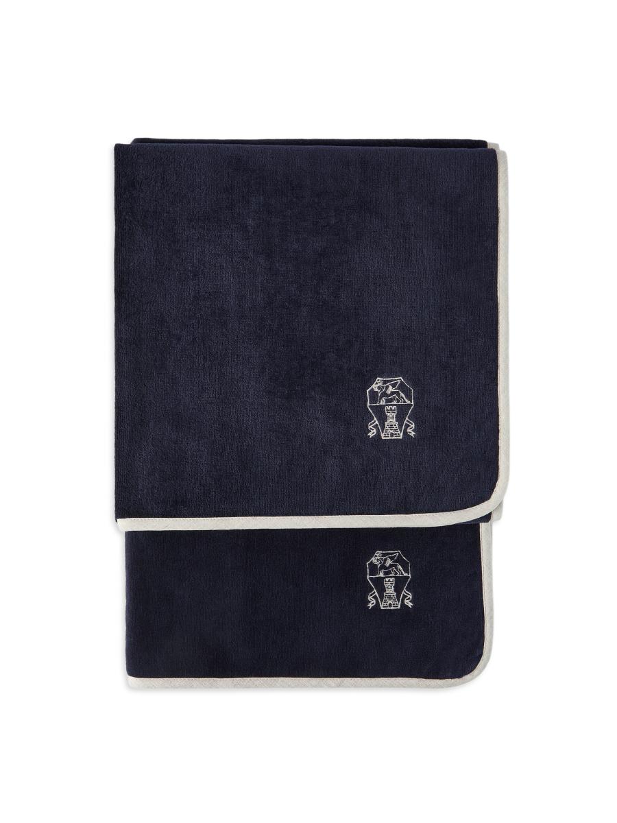 Brunello Cucinelli 2 Piece Cotton Terrycloth Bath Towel Set With Embroidery In Blue