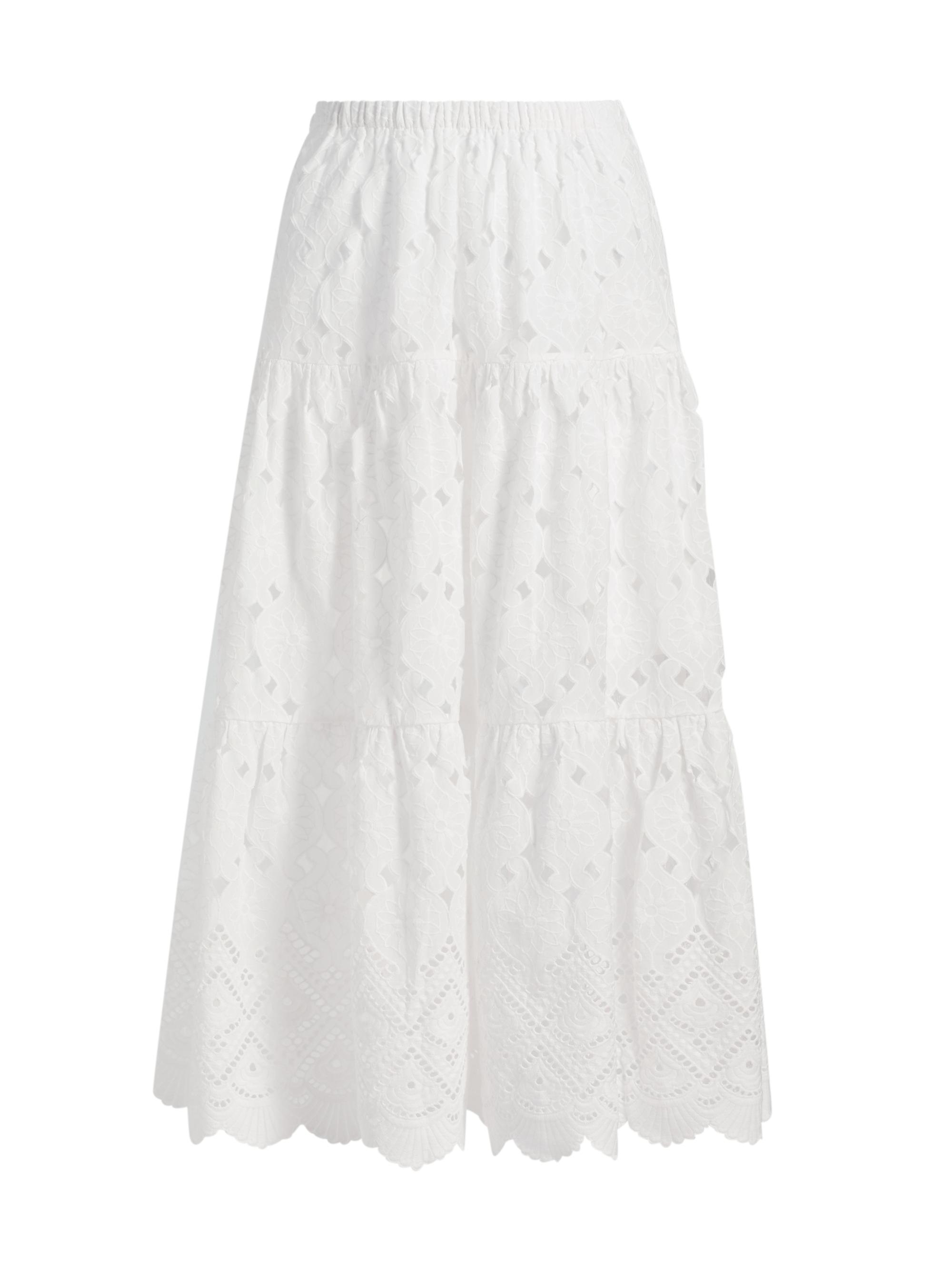 Cara Cara Women's Melanie Tiered Cotton Midi-Skirt - Trellis Eyelet White