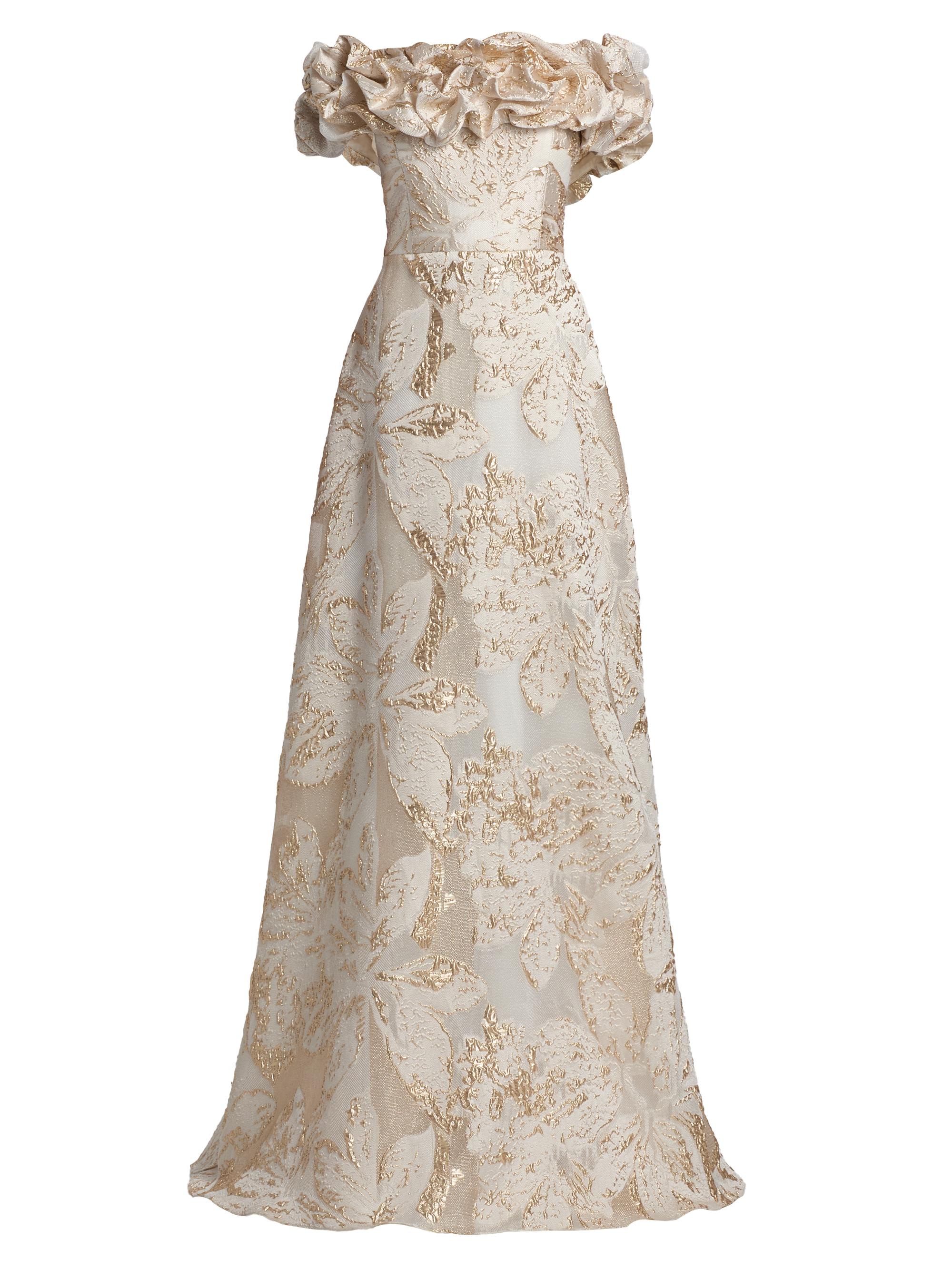 Teri Jon by Rickie Freeman Women's Brocade Scrunched Off-The-Shoulder Gown -  Gold