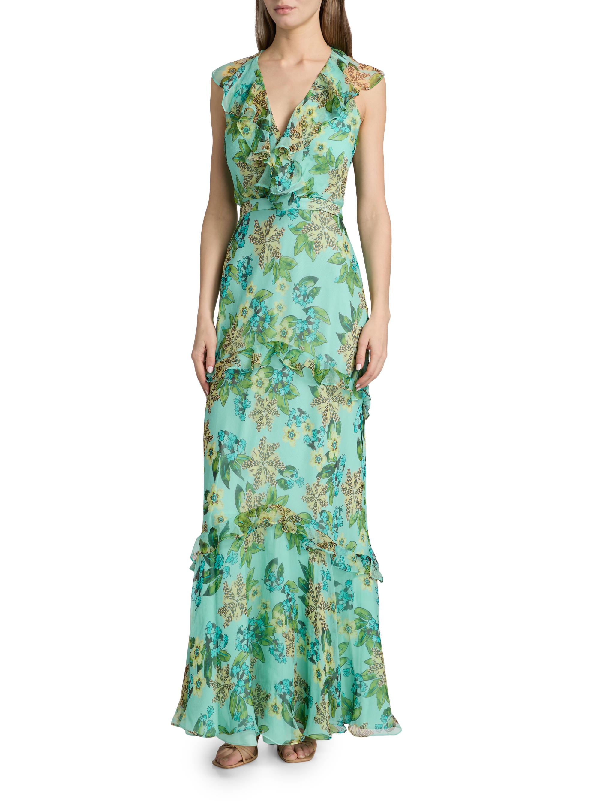 saloni dress Vivienne in Azure Stripe Embroidery cut flowers and leaves inspired by Venetian mosaics which cascade down a contrasting colour The JACQUI  SALONI