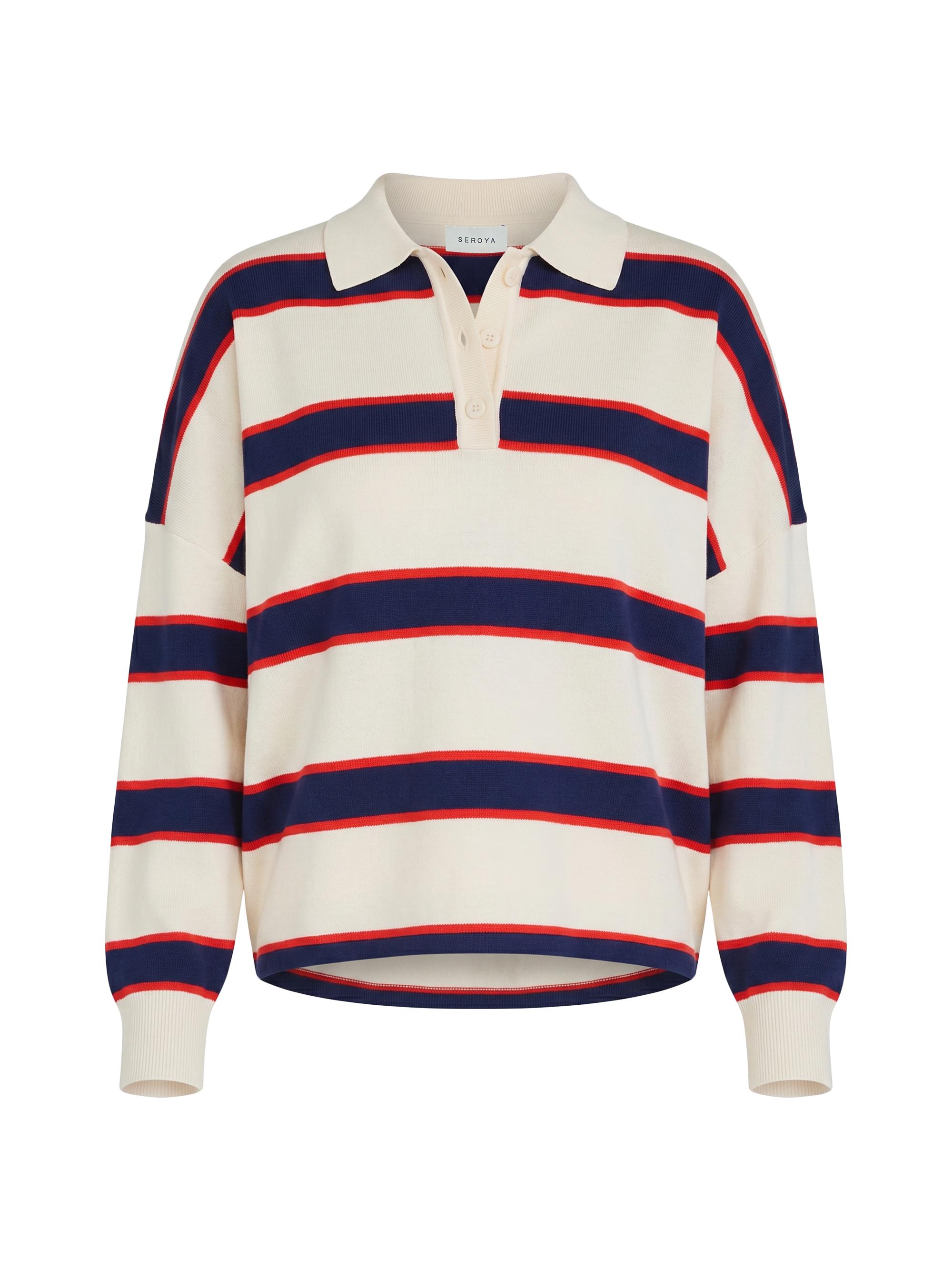 SEROYA Women's Taby Striped Ribbed Polo Sweater - Eggshell Stripe