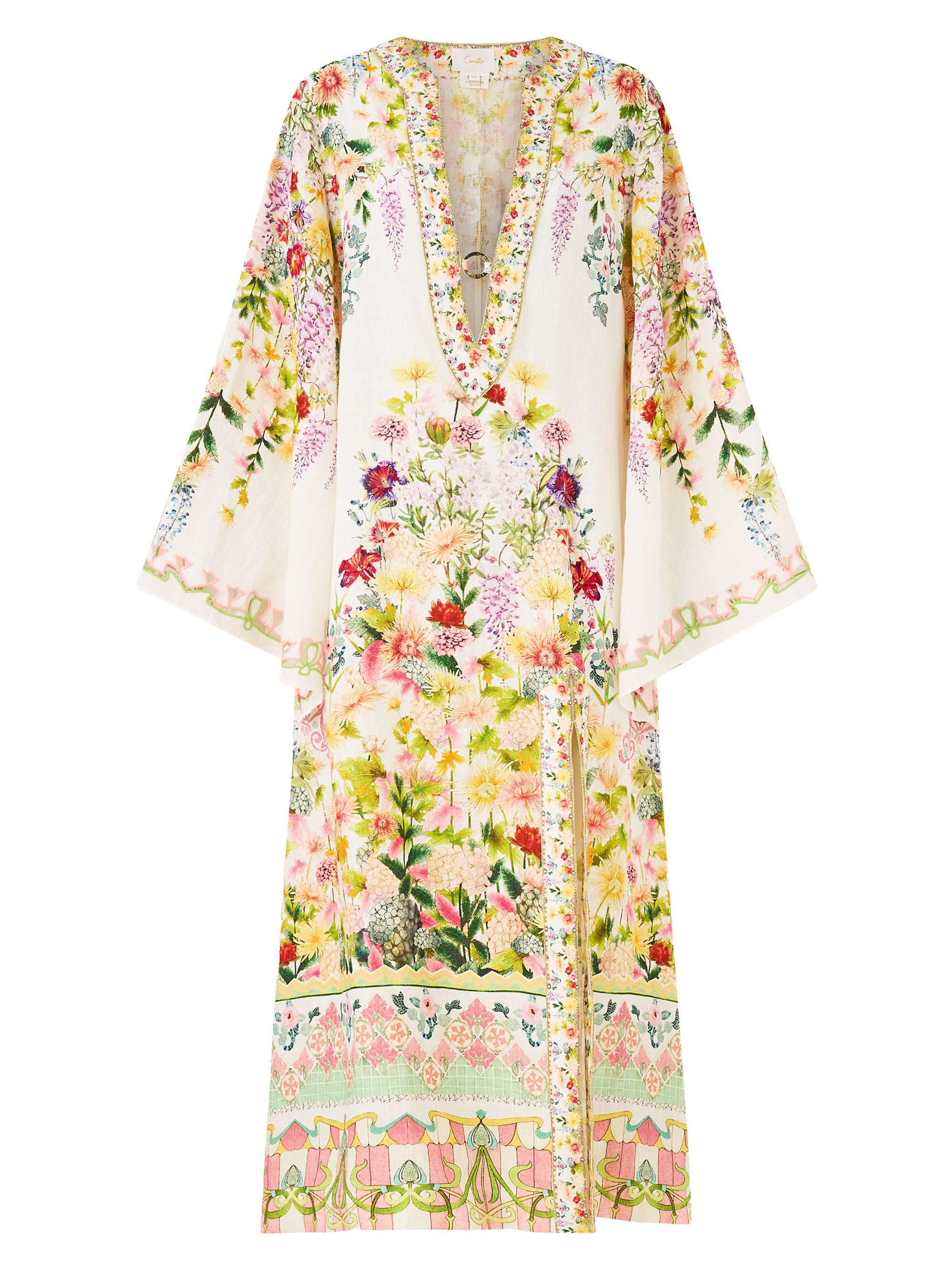 Plunging V-Neck Printed Linen Caftan