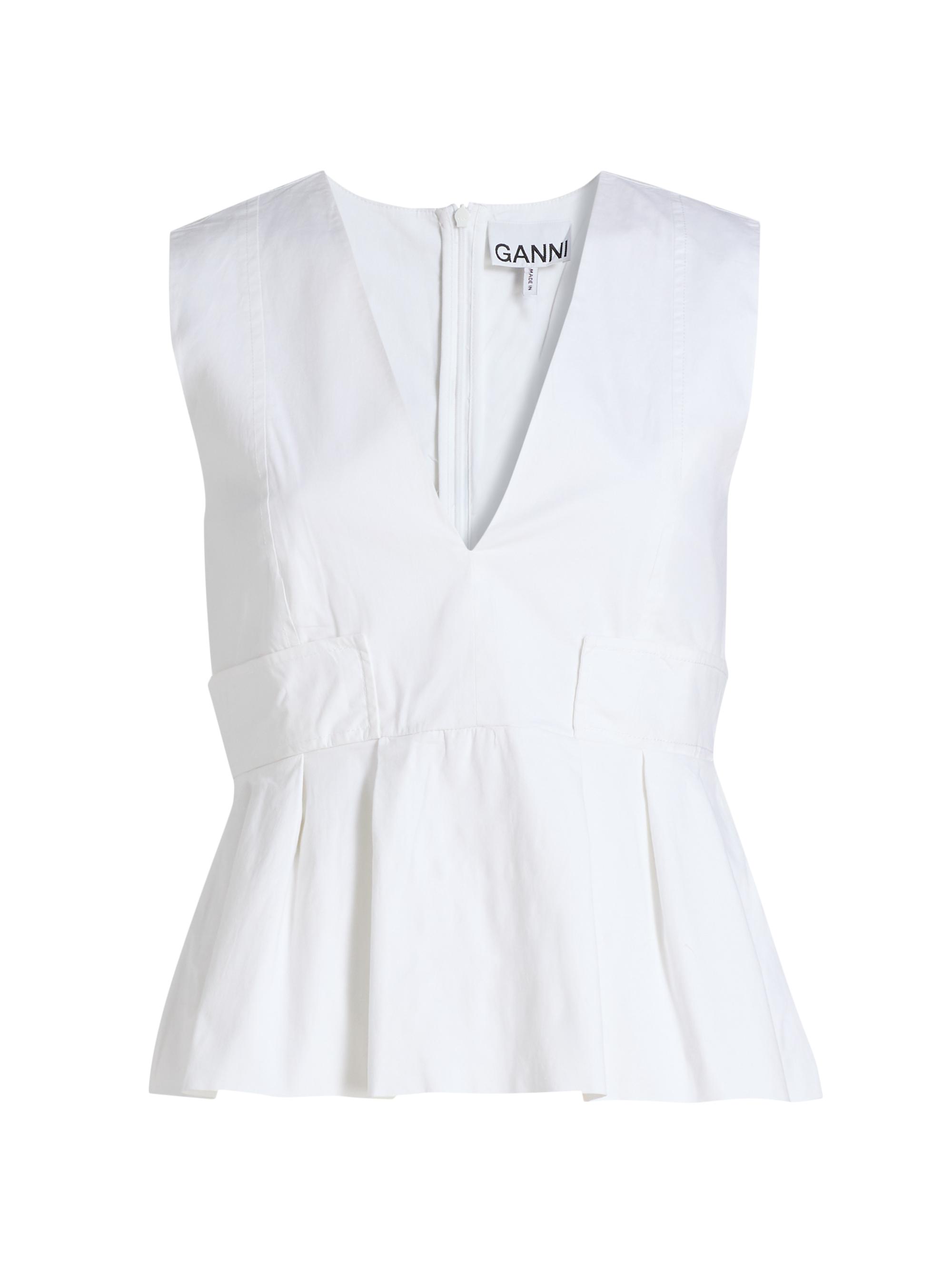 Ganni Women's Stretch-Cotton V-Neck Blouse - Bright White