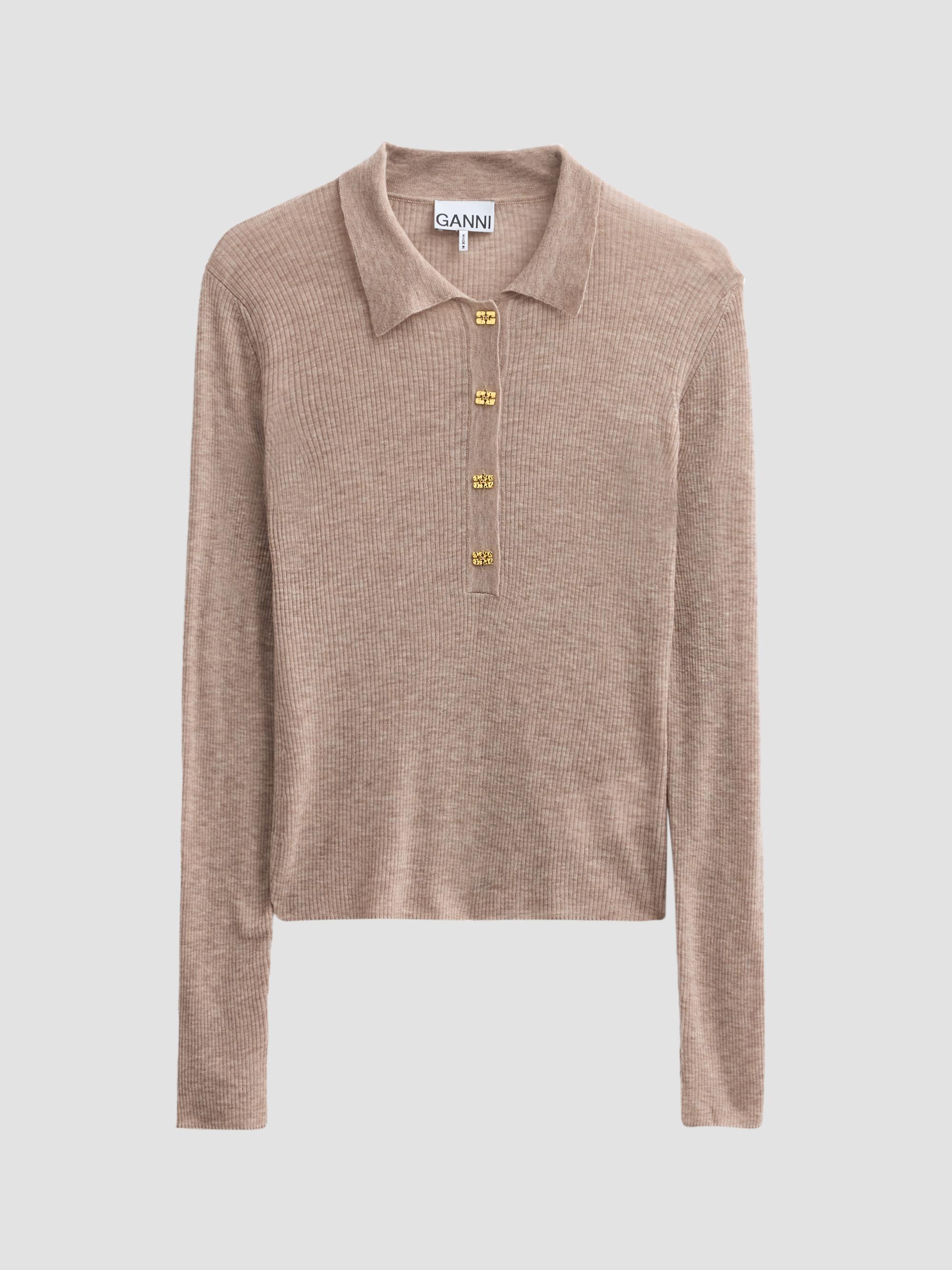 Ganni Women's Sheer Wool Ribbed Polo Sweater - Safari | Thumbnail 6