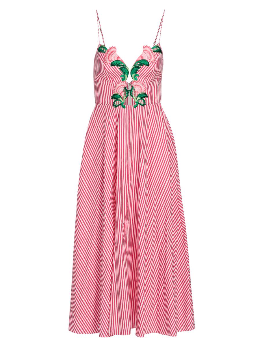 Saloni Jana Embroidered Floral Striped Midi-Dress | Saks Fifth Avenue