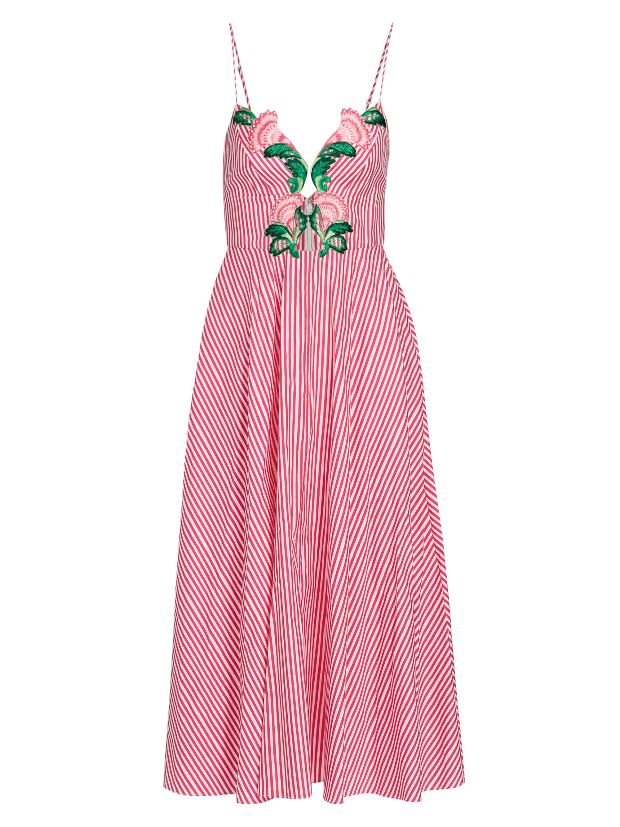 Saloni Women's Jana Embroidered Floral Striped Midi-Dress - Cerise Mini Stripe