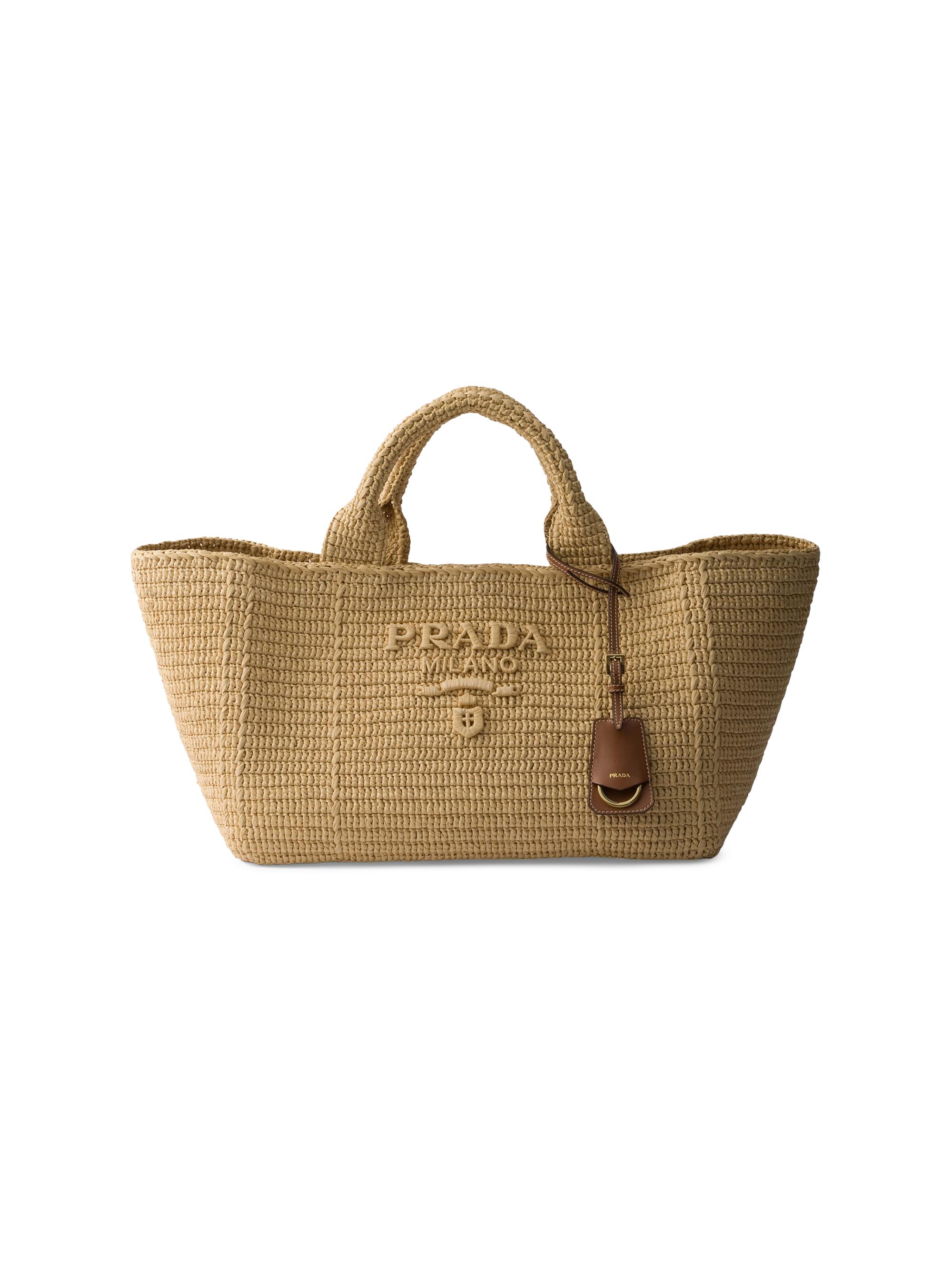 Prada Women's  Crochet Tote Bag with Leather Details - Beige Khaki
