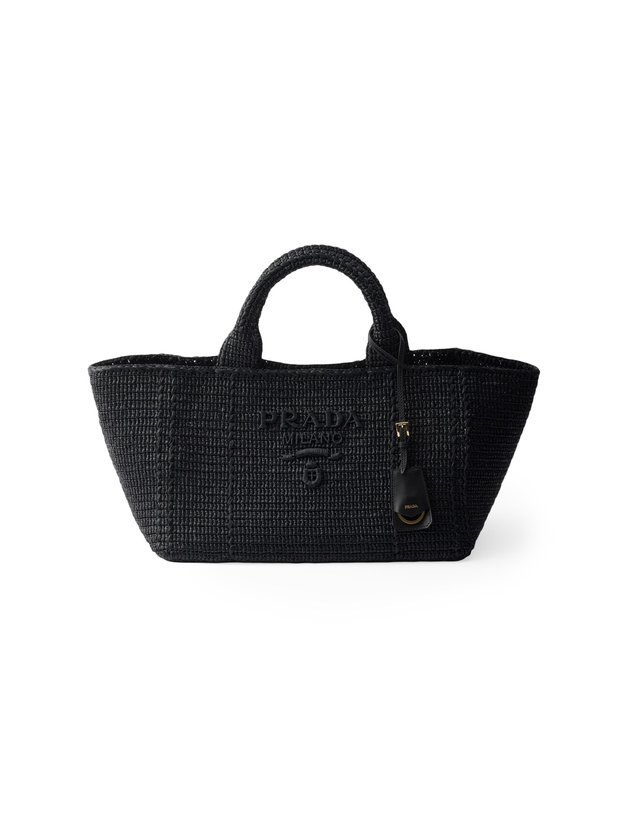 Prada Women's  Crochet Tote Bag with Leather Details - Black