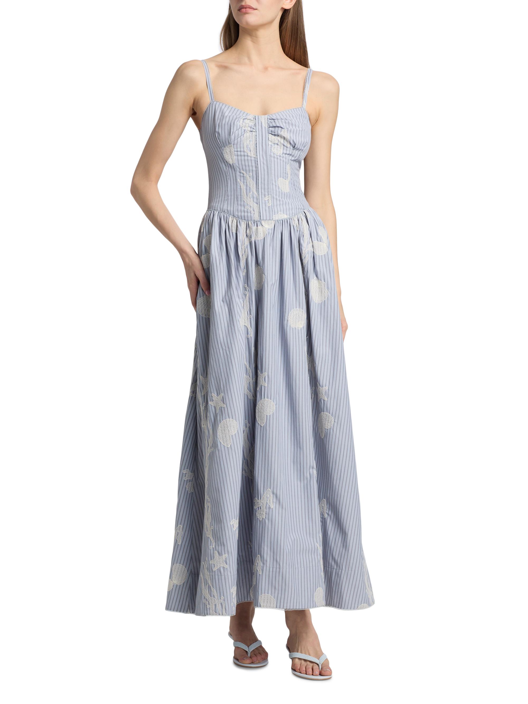 AMUR Women's Bronte Embroidered Cotton-Blend Maxi Dress - Cross Hatch Coastal Stripe | Thumbnail 3