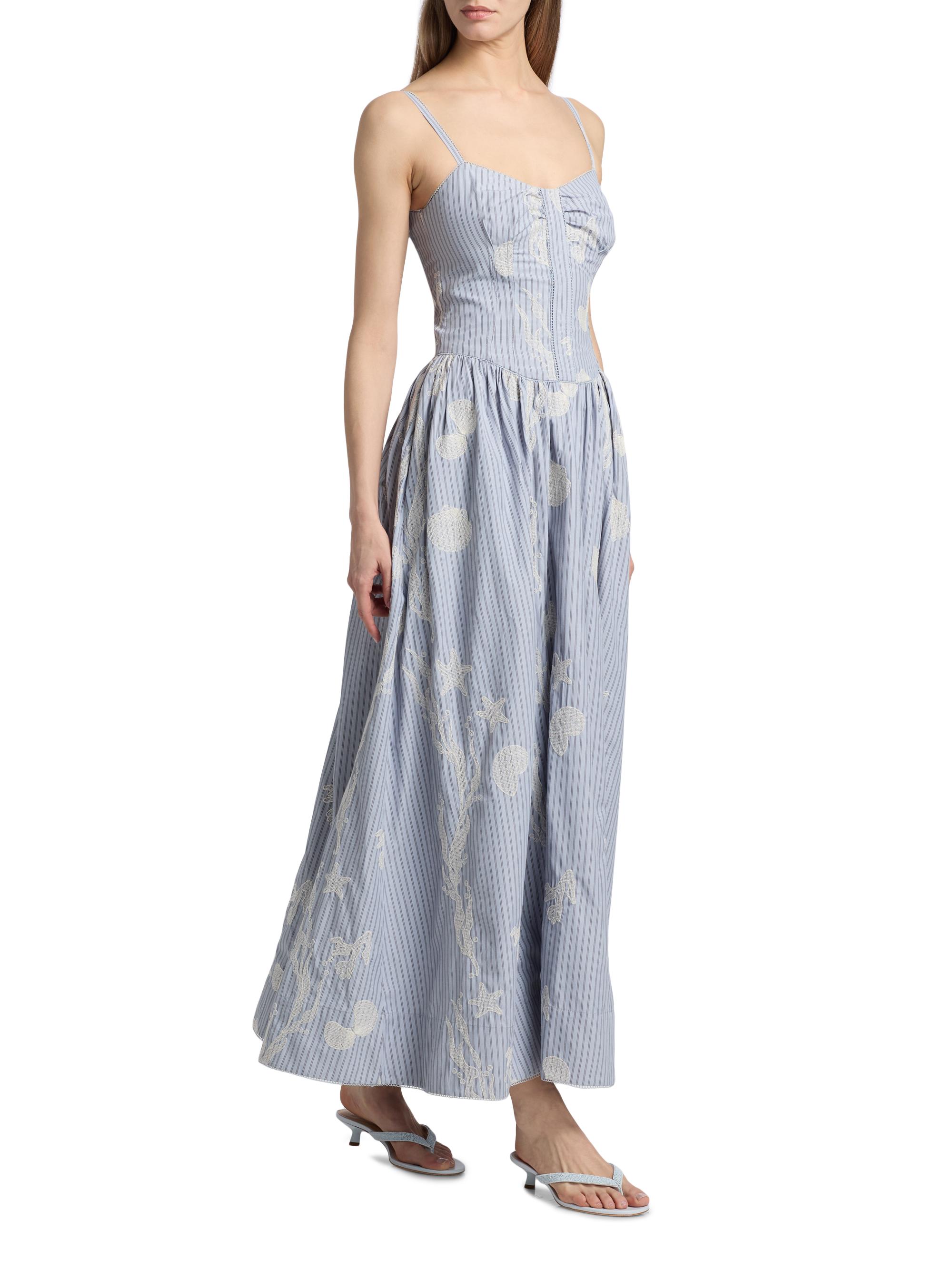 AMUR Women's Bronte Embroidered Cotton-Blend Maxi Dress - Cross Hatch Coastal Stripe | Thumbnail 4