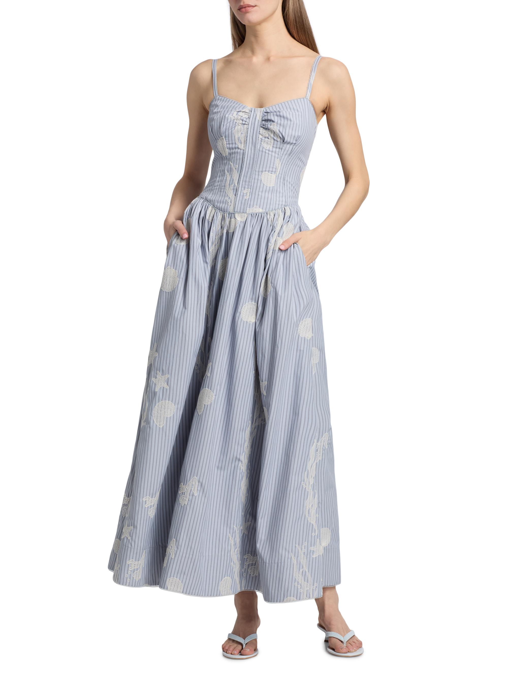 AMUR Women's Bronte Embroidered Cotton-Blend Maxi Dress - Cross Hatch Coastal Stripe | Thumbnail 2